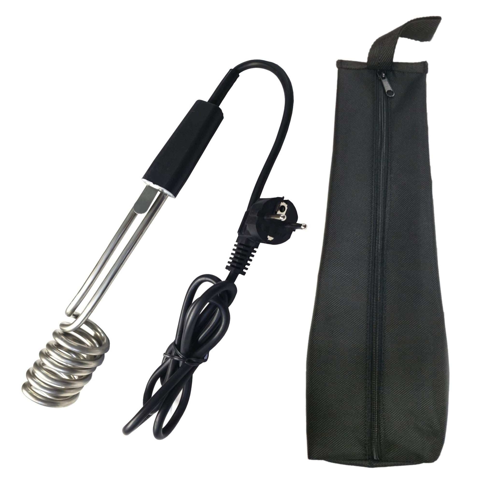 Calentador GTN2.0 Calefactor de inmersión 2,0 kW 2000 W 230 V de ACERO INOXIDABLE, Hervidor eléctrico de viaje, color negro (con bolsa) | Novanetus Hervidor de agua de viaje de 2000 W con funda