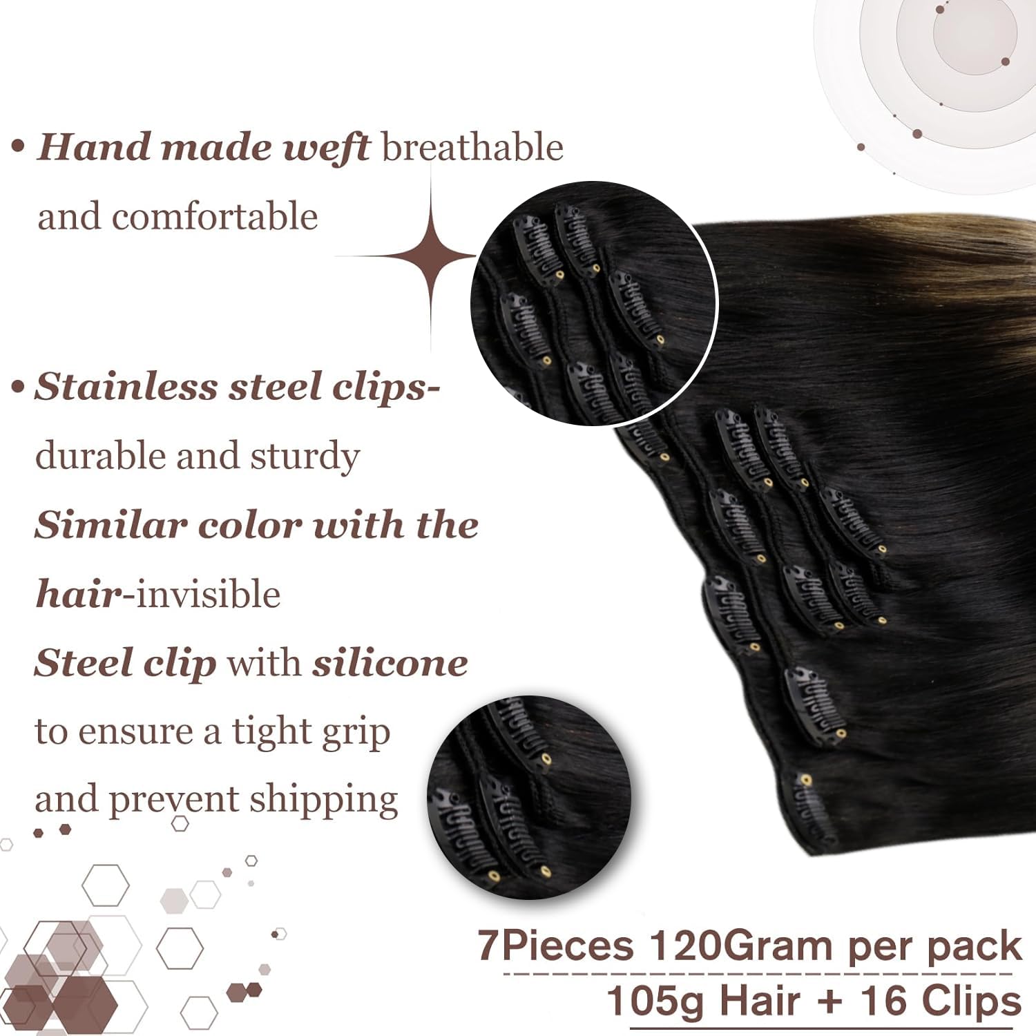 Hetto Clip in Extensions Echthaar Balayage Schwarz zu Hellbraun & Goldblond 45cm 120g 7pcs - Invisible Mittellanges Haar, Volle Abdeckung für Sofortiges Volumen 1b/4/27