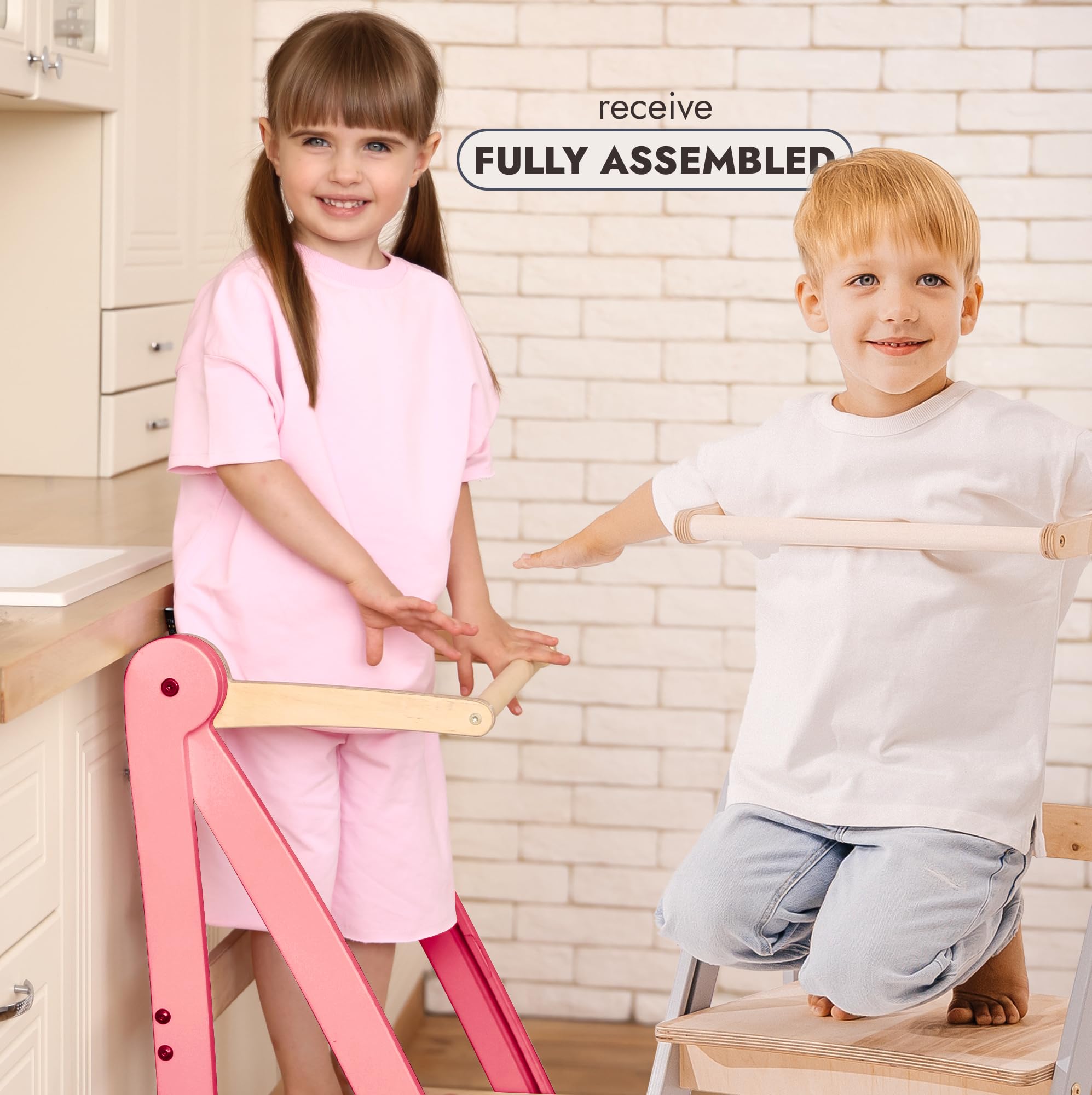 Goodevas Drewniana drabinka do nauki Montessori zajmuje mało miejsca: składana drabina edukacyjna, taboret dla dzieci, składane schody dziecięce, drabinka do nauki z zabezpieczeniem przed