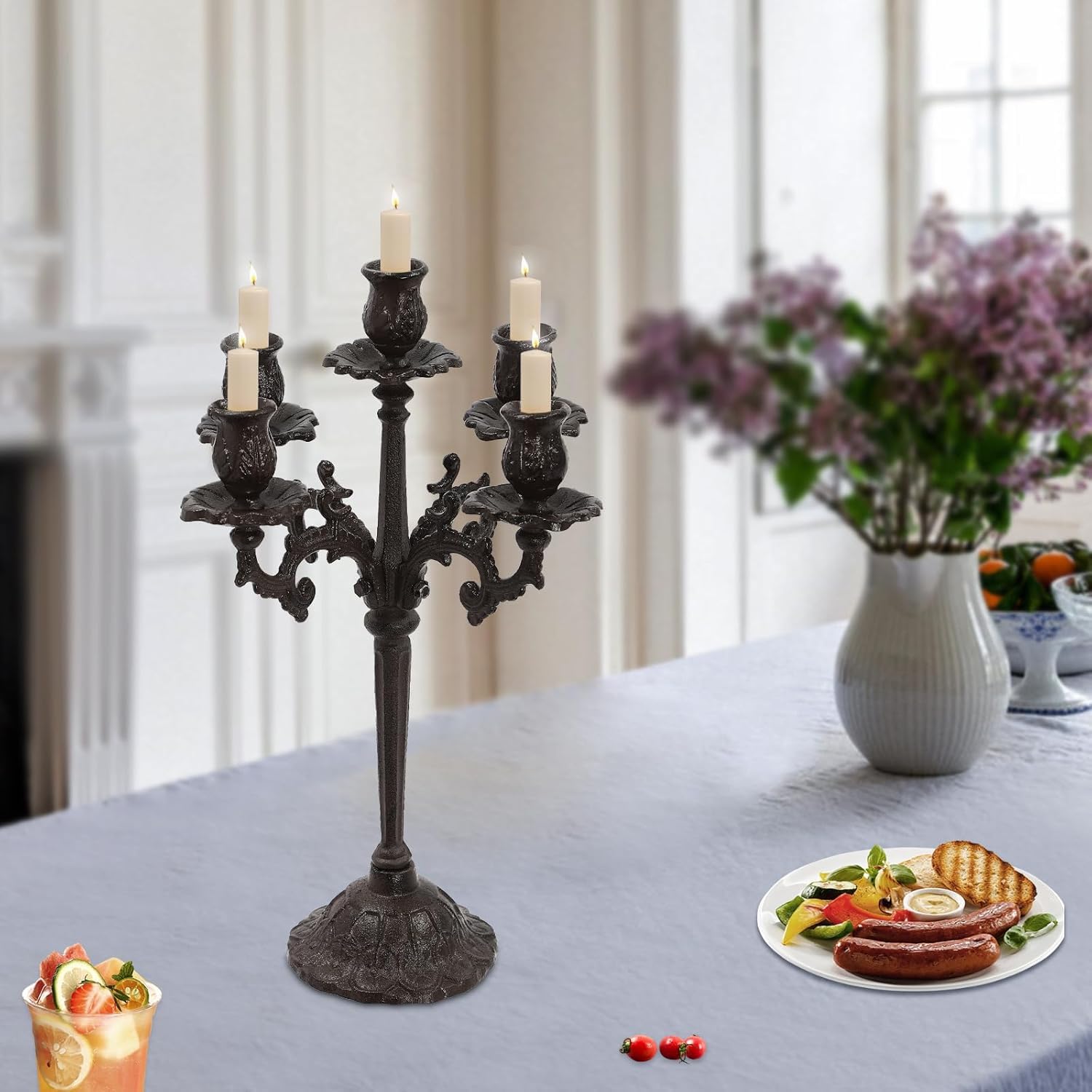Portacandele Vintage A 5 Bracci in Ghisa - Elegante Portacandele Antico A Cono per Tavolo da Pranzo, Feste, Natale E Compleanni - Centrotavola Resistente