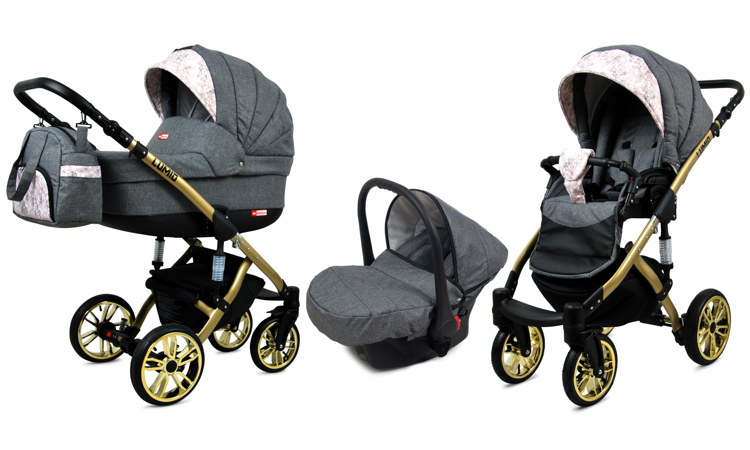 BabyLux® Wózek dziecięcy Zestaw 3 w 1 – Lumio – w tym podpora, laska, fotelik samochodowy, składany - z torbą na pieluchy, osłona przeciwdeszczowa, moskitiera itp.