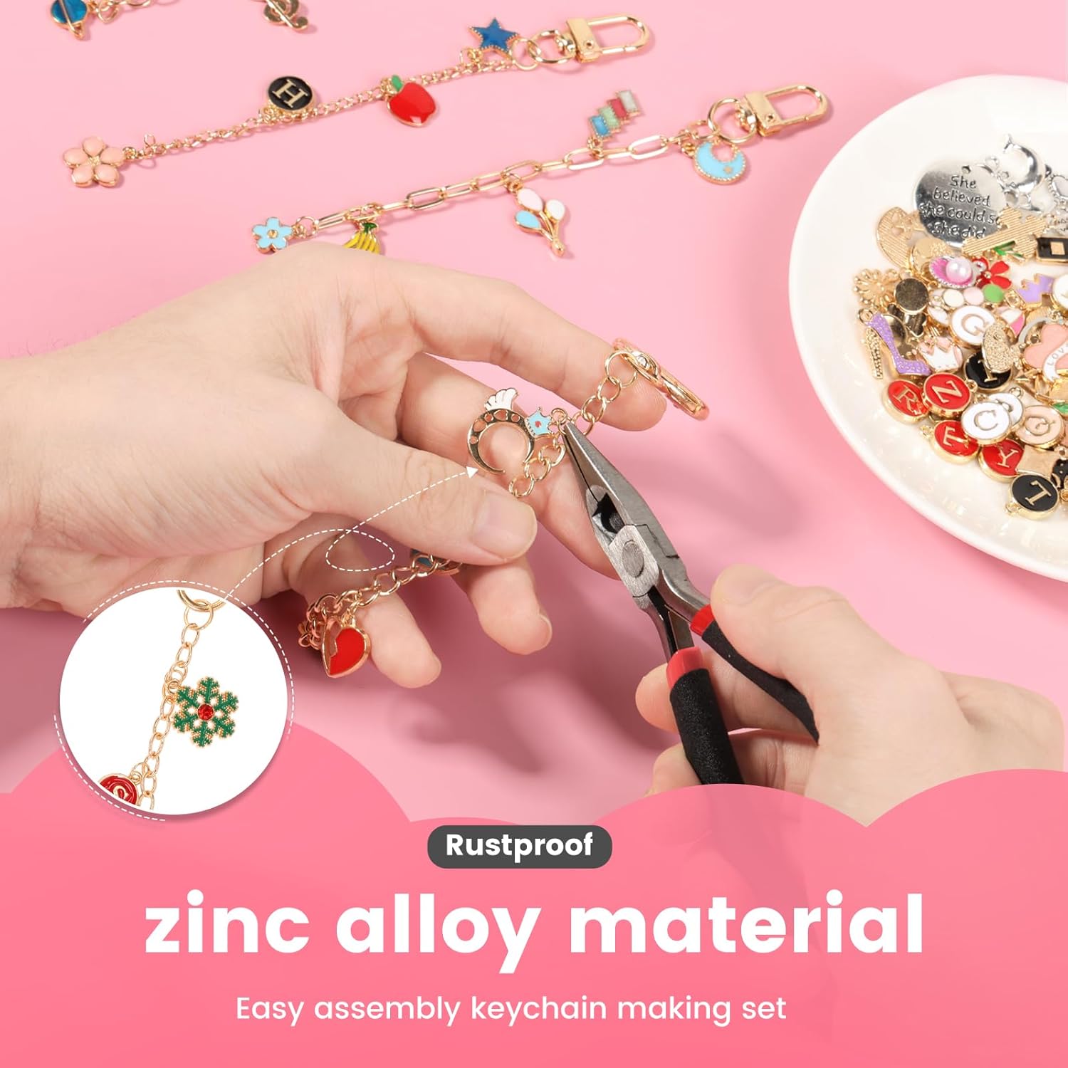 Muyoka 314Pcs Charms Lip Gloss Keychain Making Kit, Bag Keychain Charms with 3 Types Keychains Clips 24 Extender Chain 118 Charm and Plier, Bag Charm Kit for DIY Crafting and Jewelry Making (314 Pcs) - Image 4