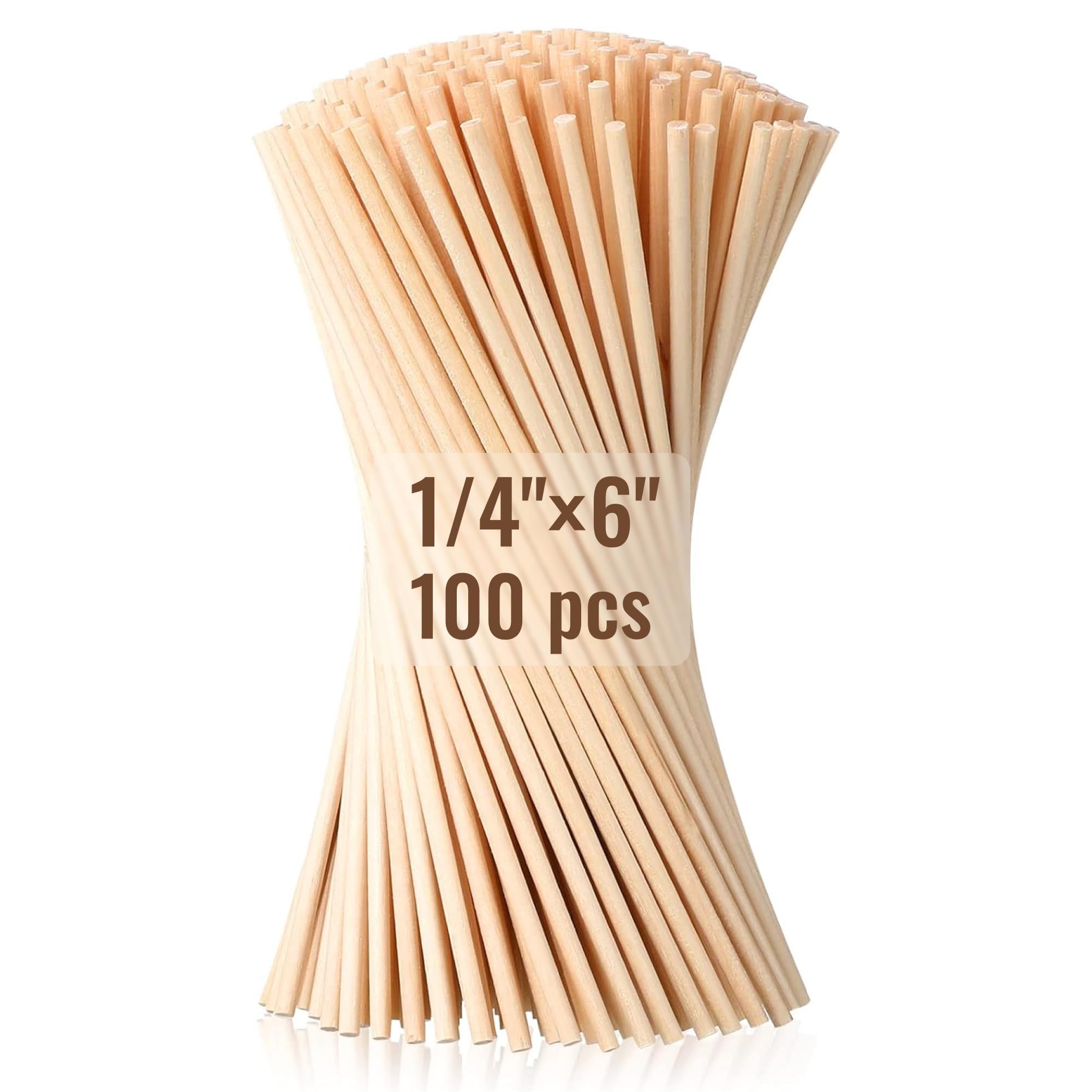 ALBO Bamboo Wooden Dowel Rods 100 PCS 1/4" x 6" Inch Round Wood Sticks for Crafts, DIY Projects and Macrame Hardwood Assorted Bouquet Sticks Cake Dowels for Tiered Cakes