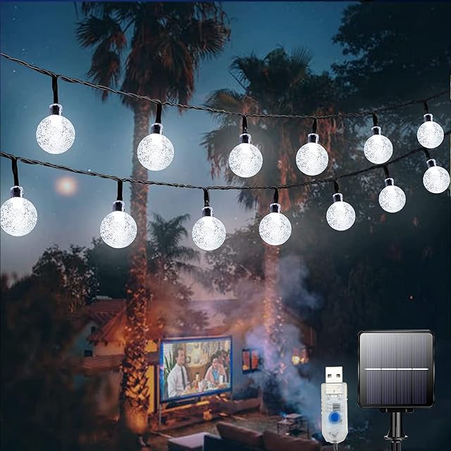 Solar Garden Lights Outdoor, 26ft 60LEDs Solar/USB Powered Fairy Lights with 8 Modes, IP65 Waterproof Crystal Ball Lights for Bedroom, Patio, Party, Fence, Gift, Festive (Clear White)