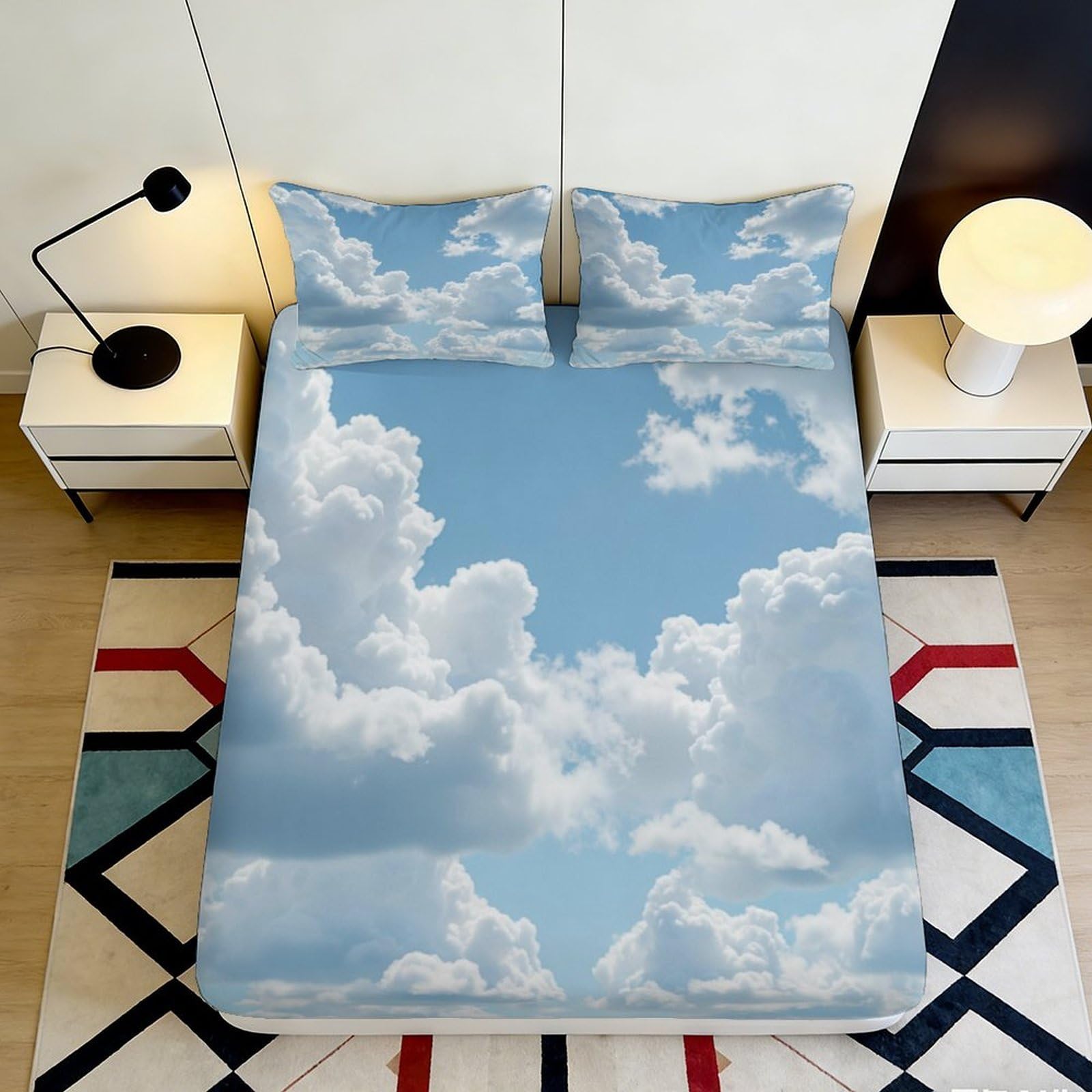 3D Printed Sky Clouds Fitted Sheet Microfiber Soft Breathable Cloudscape Bed Cover for Bedroom Guest Room Decor 90x200x25cm