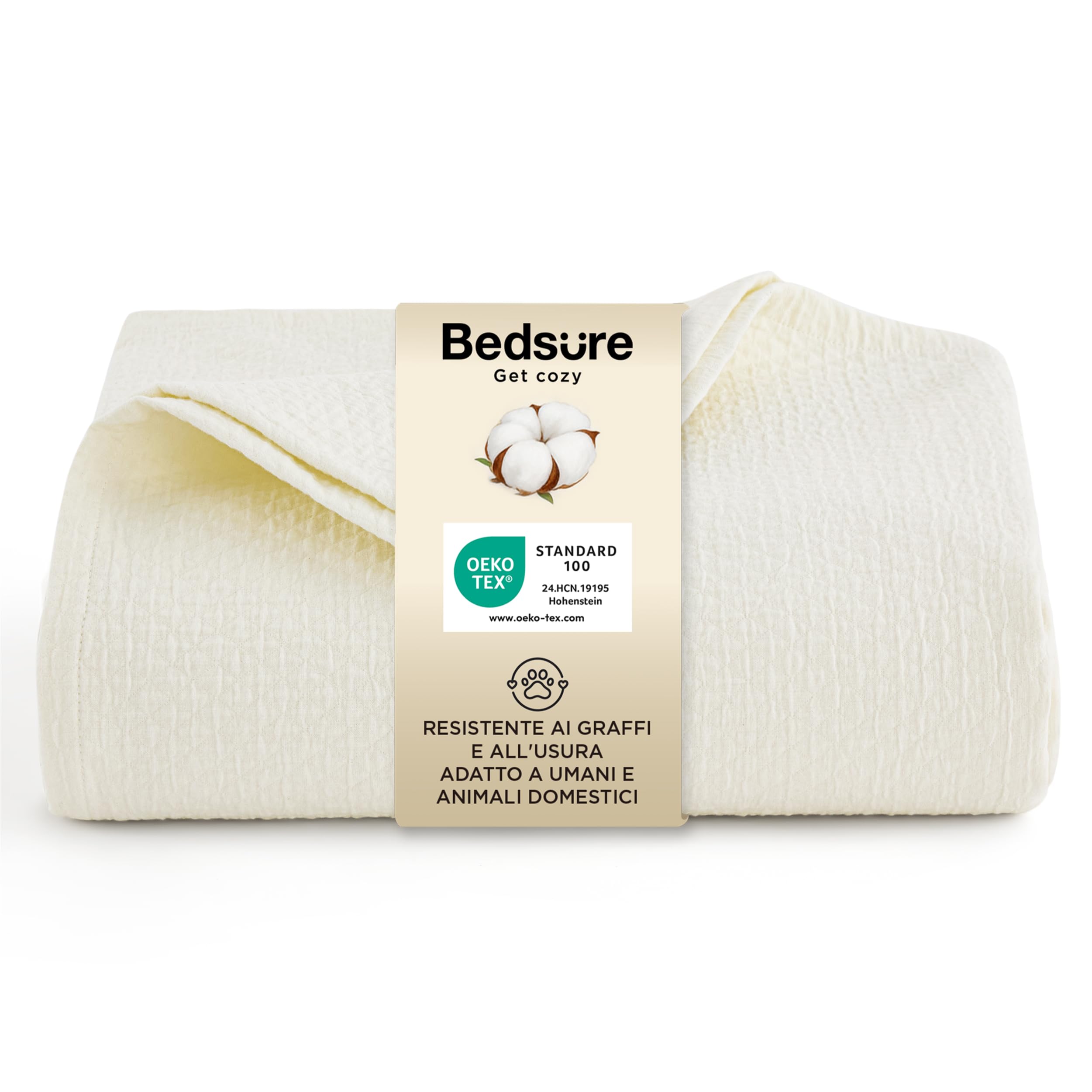 Bedsure Coperta Divano 100% Cotone - Bianco, 150x200 cm, Adatta Per Animali | Tessuto A 2 Strati Leggero E Traspirante, Sicuro Per Persone E Animali, Ideale Per Soggiorno, Camera Ed Esterno