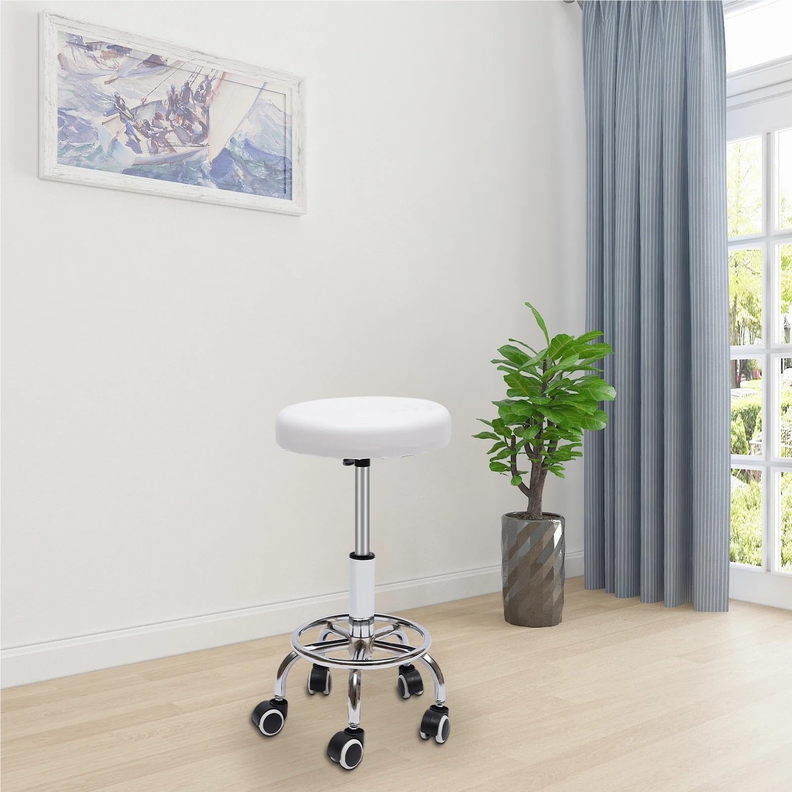 Asiento de mecanico Taburete Redondo con Ruedas y reposapiés de Altura Regulable para masajes de SPA y salón, Color Blanco y Negro Taburete Taller(White)