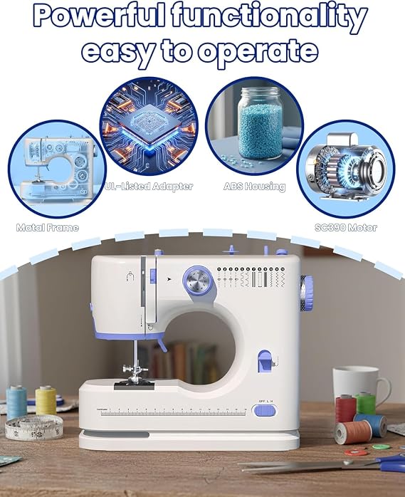 Portable Sewing Machine, Lncludes Beginner Basic Sewing Machine Kit, 12 Stitch Patterns Built-In, Versatile 2-Speed Foot Pedal, Great for Beginners, Adults, Home Use - Blue