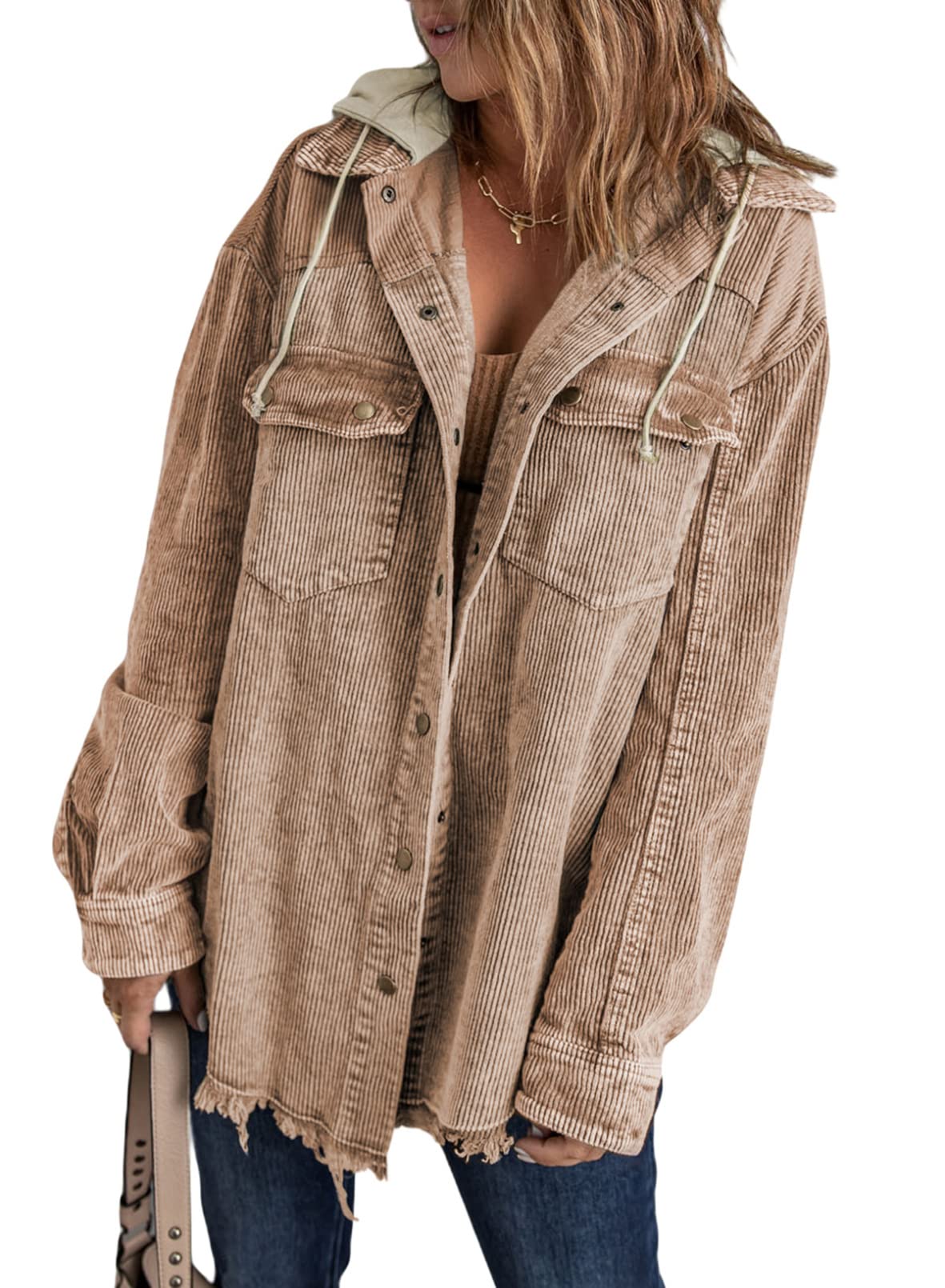 Dokotoo Womens 2025 Fall Corduroy Shacket Jacket Long Sleeve Button Down Color Block Hooded Coat with Pockets
