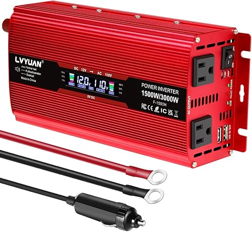 Vista 56 de LVYUAN Inversor de corriente de coche de 1500 W de 12 V a 110 V para vehículos con pantalla LED, salidas de EE. UU., puertos USB para acampar al Rojo