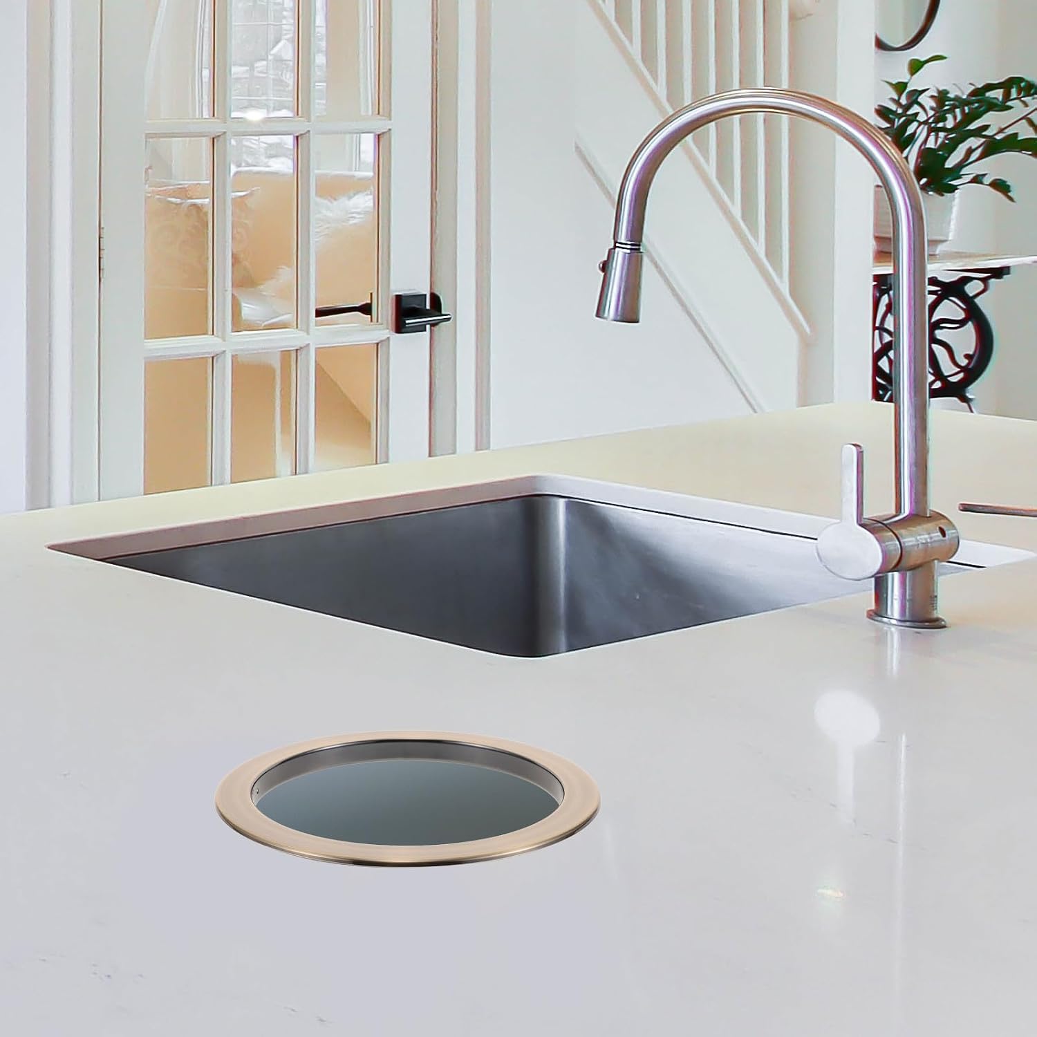 WOONEKY Stainless Steel Embedded Trash Bin Lid for Kitchen and Bathroom Counters round Countertop Grommet Cover Flush Trash Can Accessory for Organized Waste Disposal