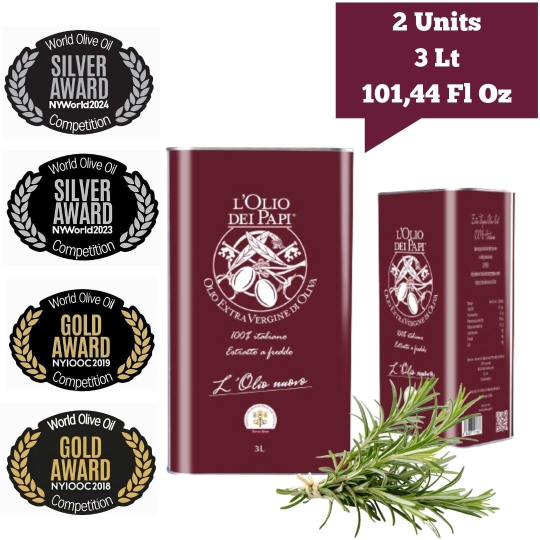 L'Olio dei Papi Extra Virgin Olive Oil, 3 Lt (101.44 Fl Oz), 2 Units, New York IOOC 2025 GOLDEN AWARD PRIZED Fast DHL shipping (2)