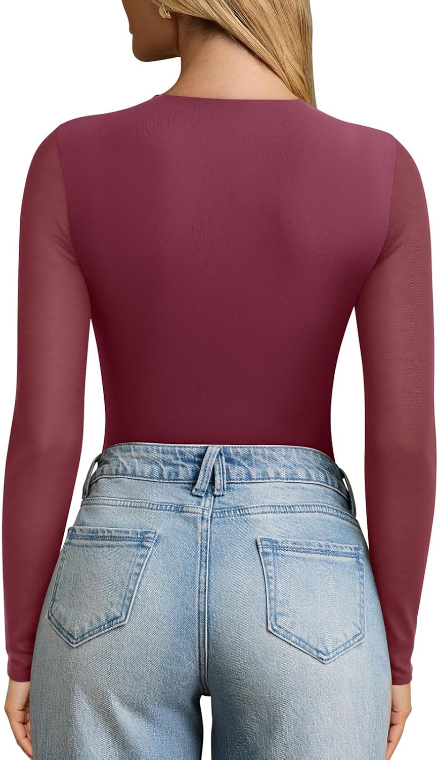 PINKMSTYLE Womens Square Neck Mesh Long Sleeve Bodysuit Going Out Tops Date Night Outfit 2025 - Image 4