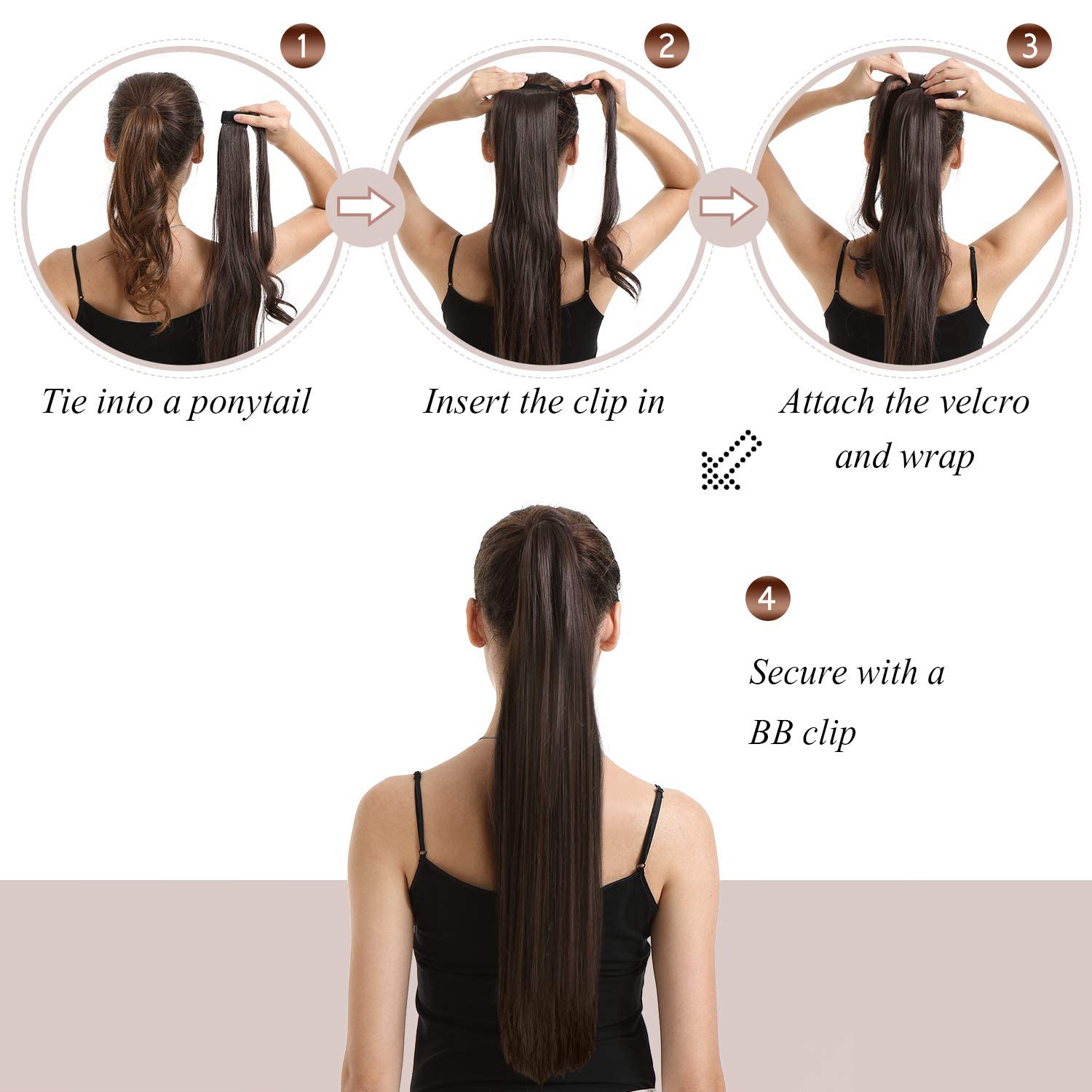 Human Hair 100% Echthaar Ponytail Pferdeschwanz Extensions und Clip in Zopf Haarteil 2# Dunkelbraun Haar 16"/40cm