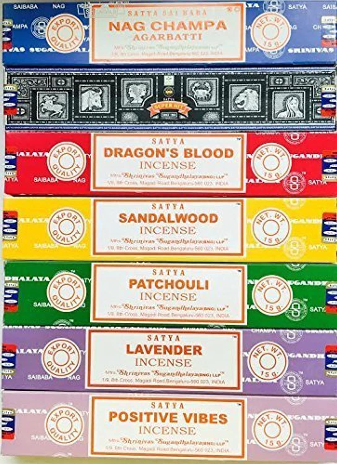 Satya Incense Gift Set Nag Champa, Super hit, Dragon's Blood, Sandalwood, Patchouli, Lavender, Positive Vibes, 15 g