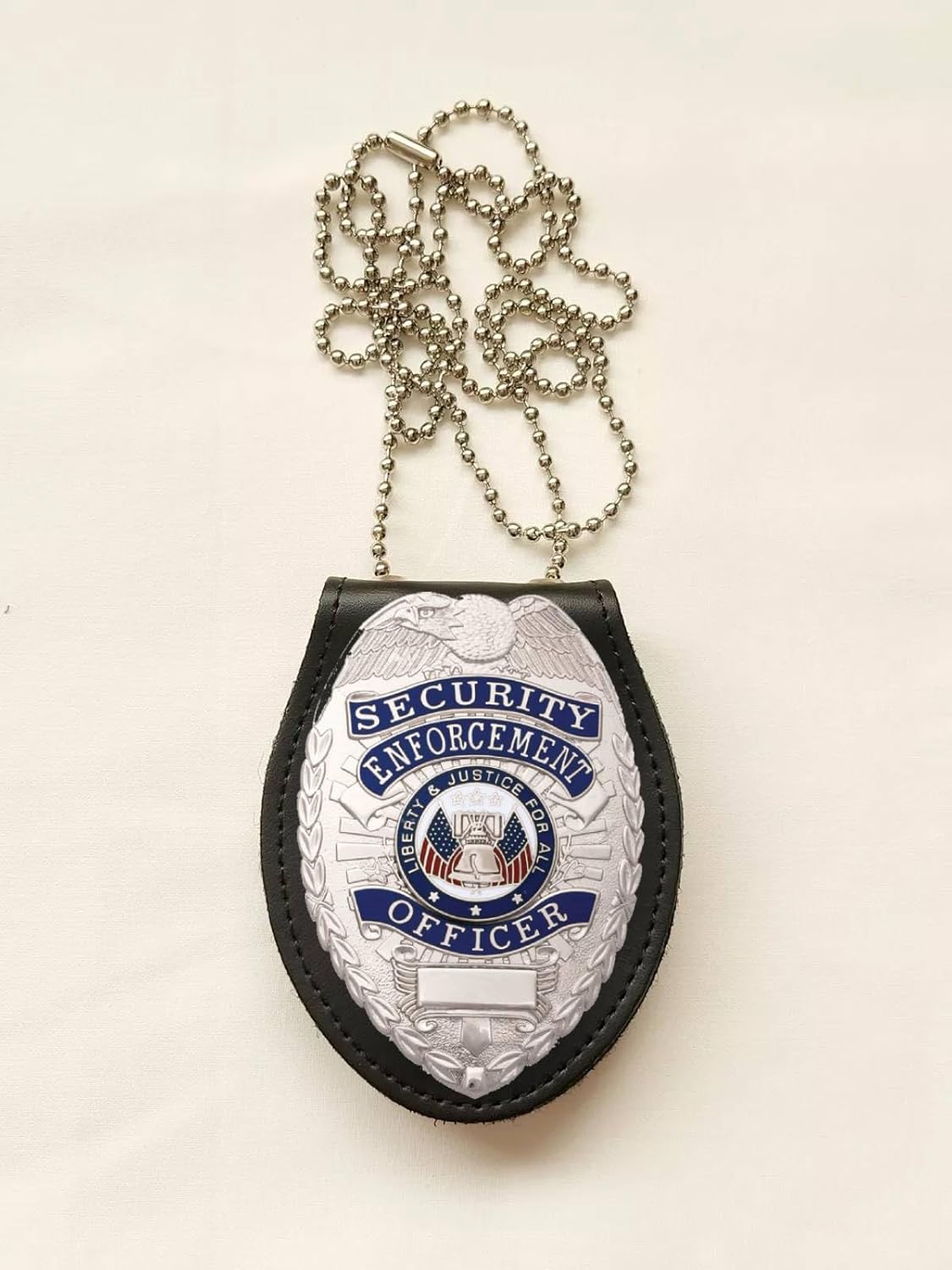 Universal Police Badge Holder – Oval Security Guard Leather Case with Steel Belt Clip, Hook & Loop Closure, and Stainless Steel Bead Chain- Uniform Security Guard (Badge + Holder 02)