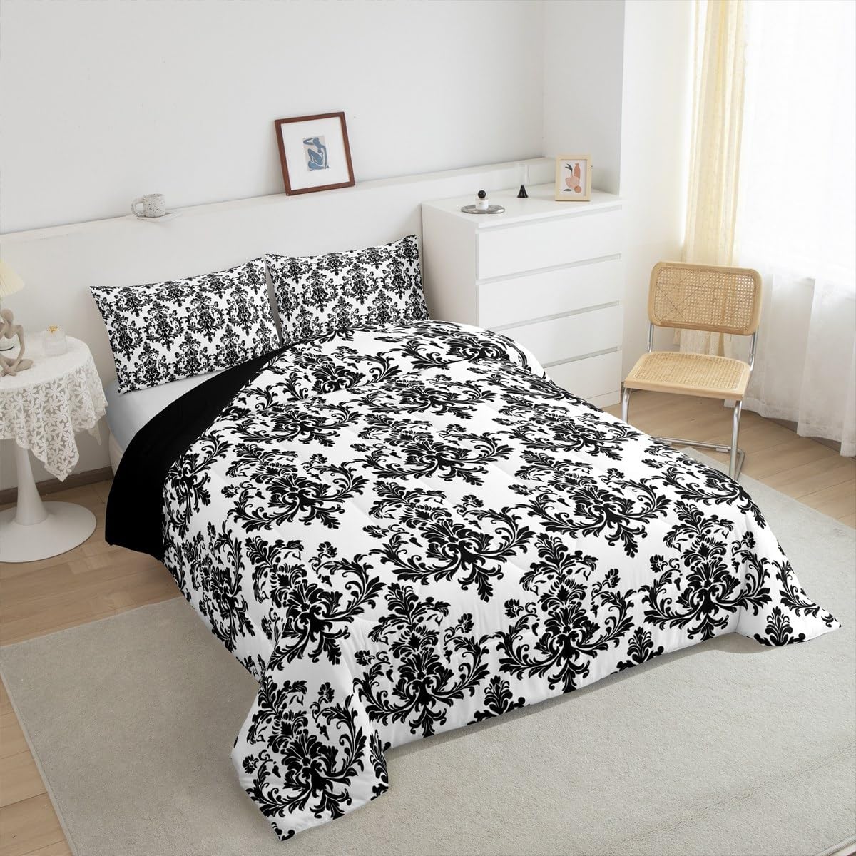 Castle Fairy Vintage Black White Kids Comforter Set King Size,Bohemian Victorian Baroque Floral Reversible Quilted Duvet with 2 Pillowcases Gothic Damask Lace Pattern Comforter for Boys Teens Bedroom