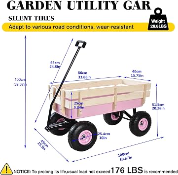 Outdoor Wagon All Terrain Rally Vehicle, (with Removable Wooden Side Panels Pneumatic Tires) Big Foot Board Car Christmas Outdoor Camping All Terrain Rally Vehicle (Pink)