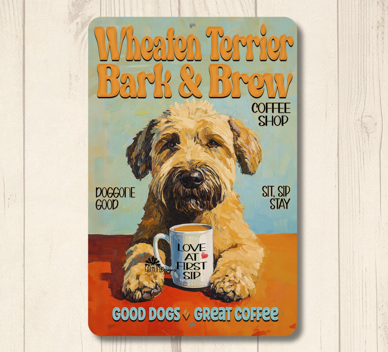 Wheaten Terrier Dog Coffee Bar Sign Bark & Brew kitchen funny metal tin gift home decor