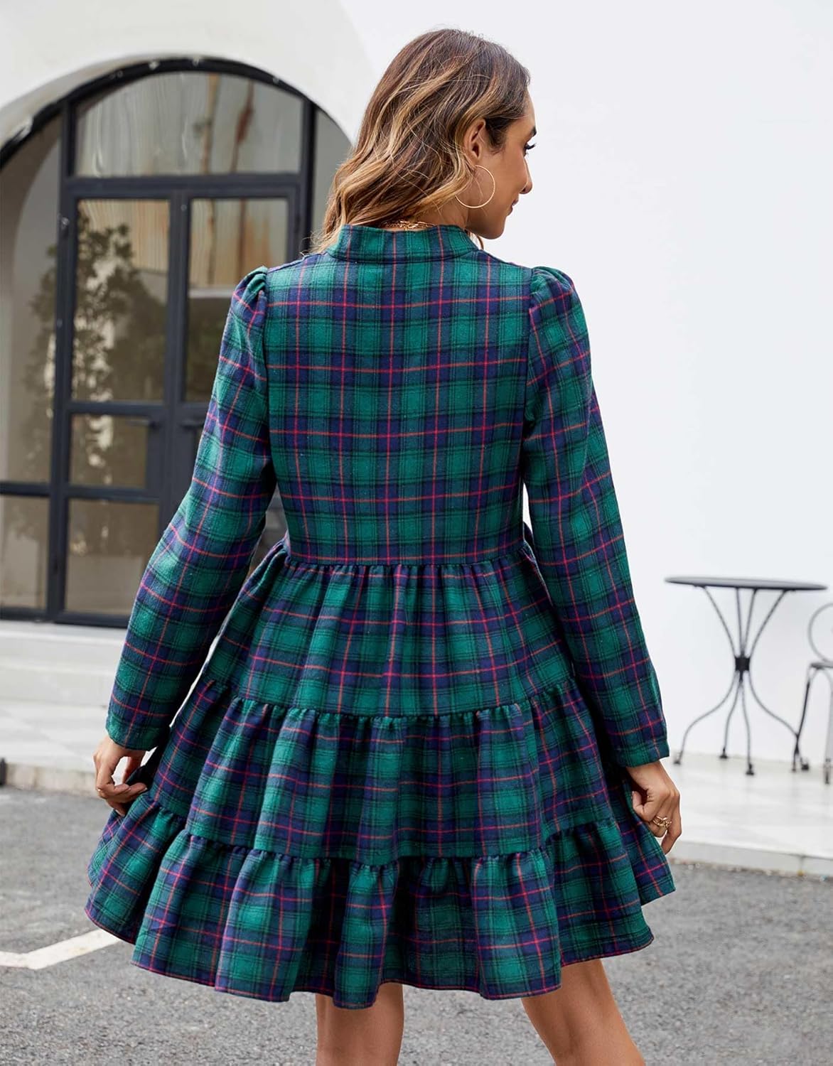 Women's Plaid Print Tunic Dress Long Sleeve V Neck Loose Shirt Dress Ruffle Hem Casual Swing Babydoll Christmas Dress - Image 5