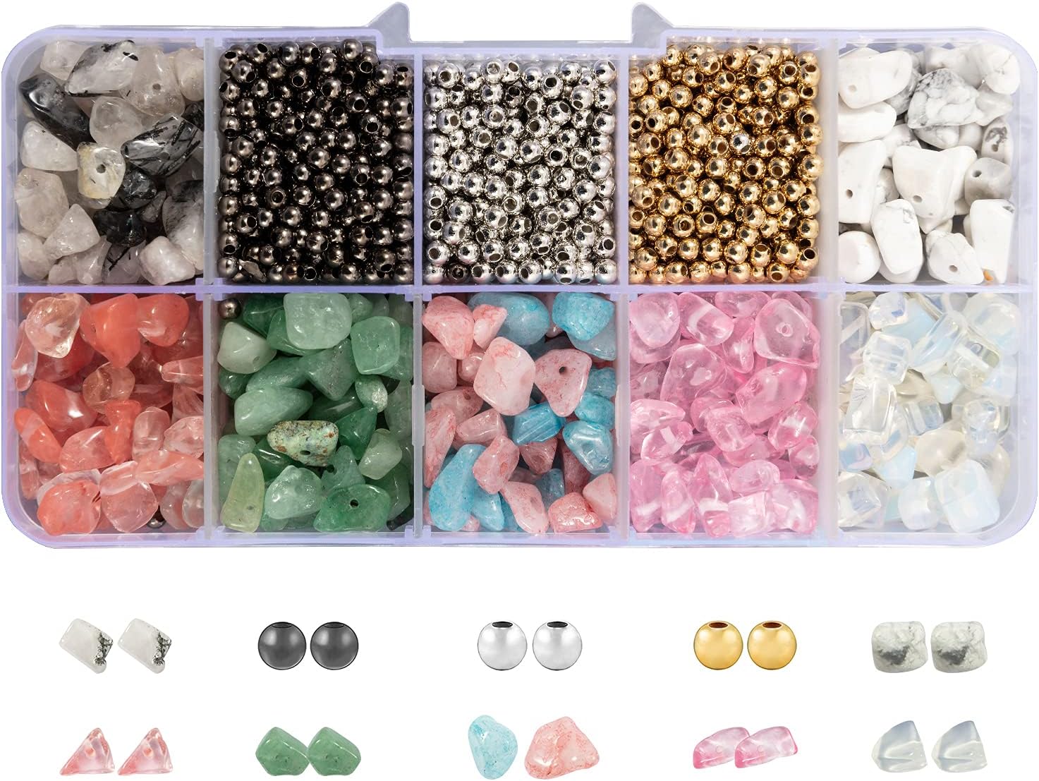 Pink Natural Crystal Rock Beads, MAKERSLAND 7 Colors 700Pcs Healing Gemstones Irregular Stone Bead Box Set with 1500Pcs Spacer Beads for Jewelry Making DIY Crafts (5-8mm)
