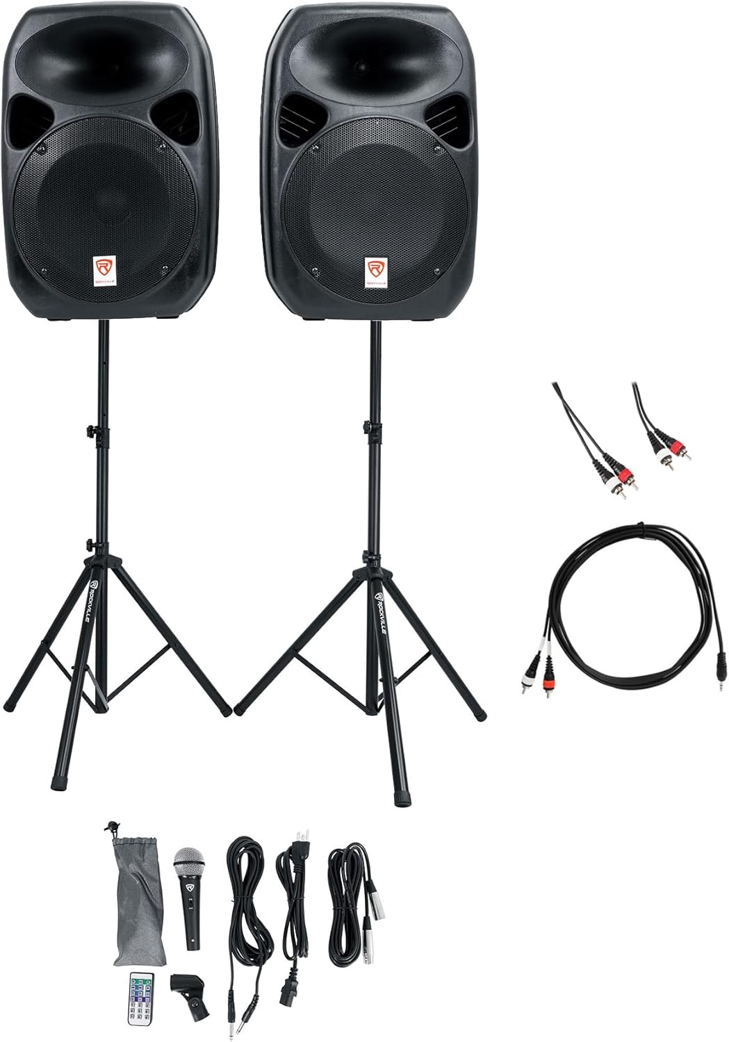 Rockville Karaoke Bundle: RPG122K Dual 12" Powered Speakers, Bluetooth+Mic+Stands, RNRMR10 10' 3.5mm TRS to Dual RCA Cable, RCDR10B 10' Dual RCA Cable for Android/iPhone/Laptop/TV 3-Items
