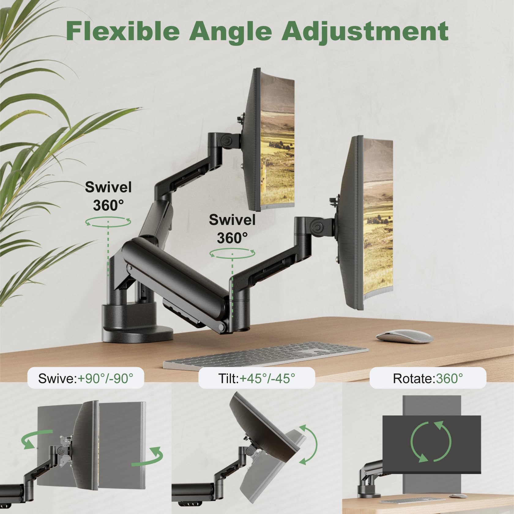 UPGRAVITY Supporto per doppio monitor, supporto per doppio monitor per due schermi ultrawide da 13"-34" piatti/curvi per computer, bracci doppi per monitor a basso profilo, supporta fino a 26,4 bs,
