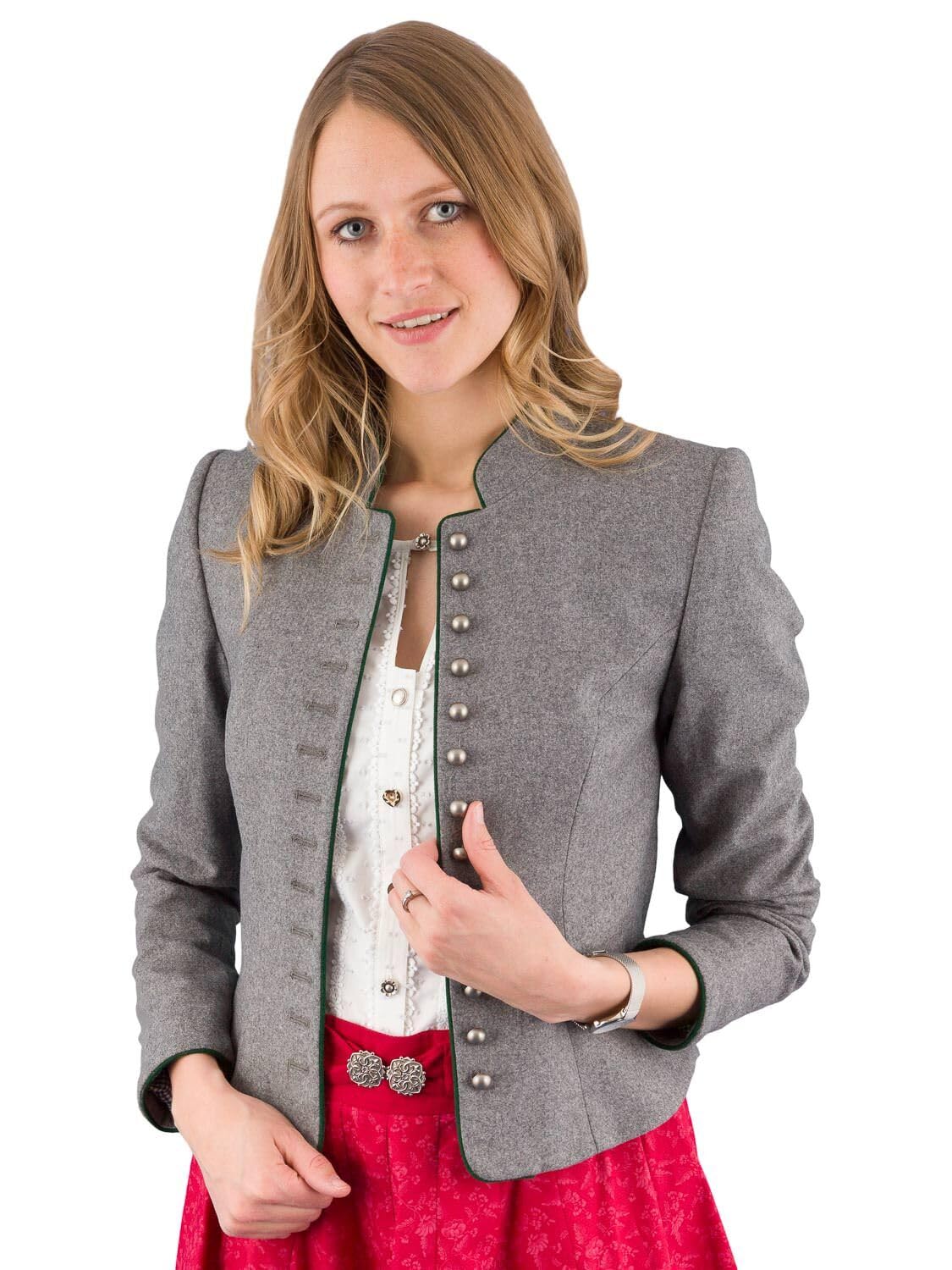 Hammerschmid Trachtenjacke Gmund grau, eleganter Trachtenjanker für Damen, festlicher Trachtenblazer zum Dirndl oder Trachtenrock, Lodenjacke mit Knöpfen, Stehkragen, Schößchen 38 73736