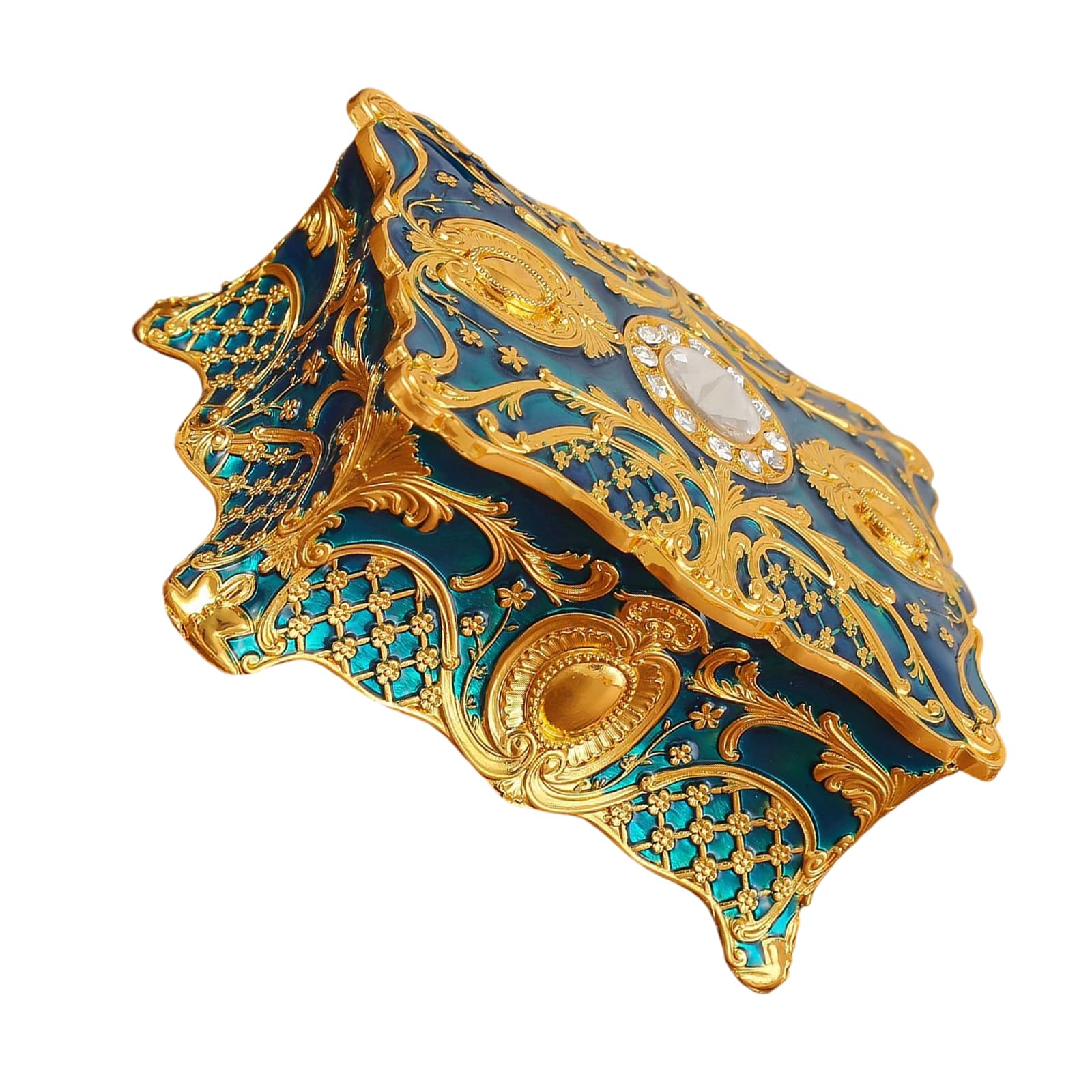 Qusinfc Sturdy Enameled Coated Metal Jewelry Holder with Floral Designs and Rhinestones Detail Traditional Jewelry Box