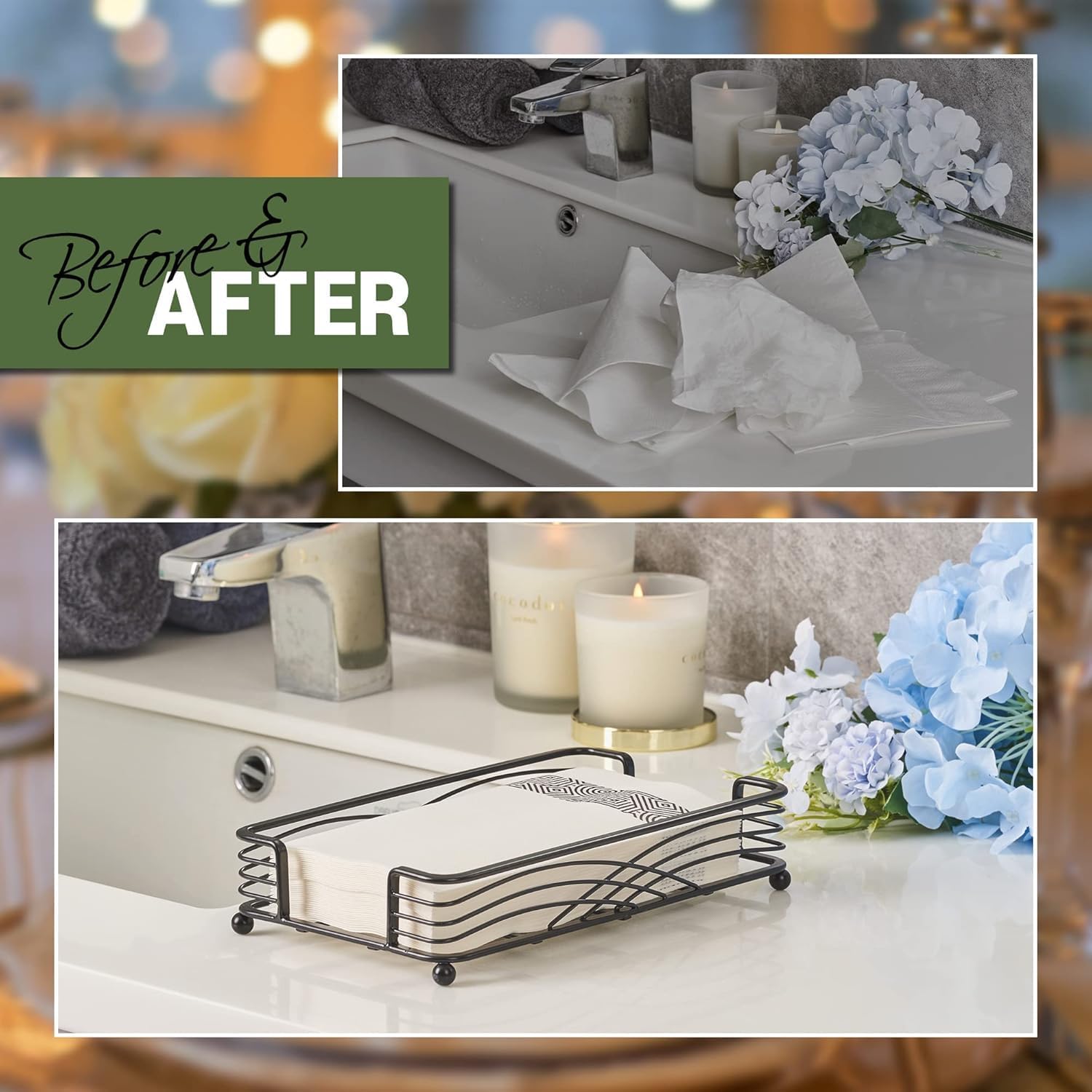 Black Guest Towel Holder Tray for Bathroom – Disposable Paper Hand Towel Holder, Rectangle Napkin Organizer for Powder Room, Modern Guest Napkin Holder for Bathroom Countertop Use - Image 4