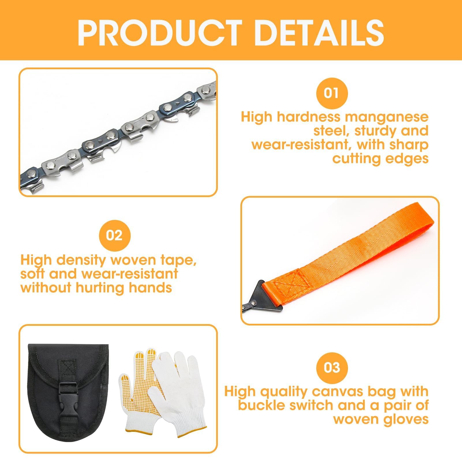 33 Denti Motosega Tascabile 103CM, JINSIHU Pocket Chainsaw Sega a Catena a Mano Sega a Catena Manual con Borsa Sega a Catena Manuale per Caccia Trekking Taglio Albero Campeggio Escursioni Giardinaggio