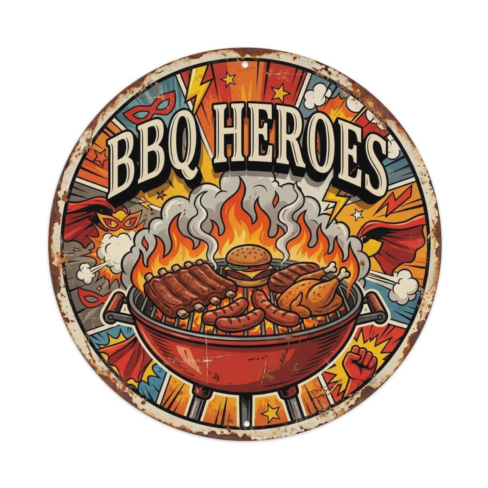 Yrnq Vintage Style-29 Vintage Bbq Barbecue Heroes Artwork Metal Tin Sign Plaque Wall Decor For Cafe, Club, Garden Round Metal Poster 8X8inch