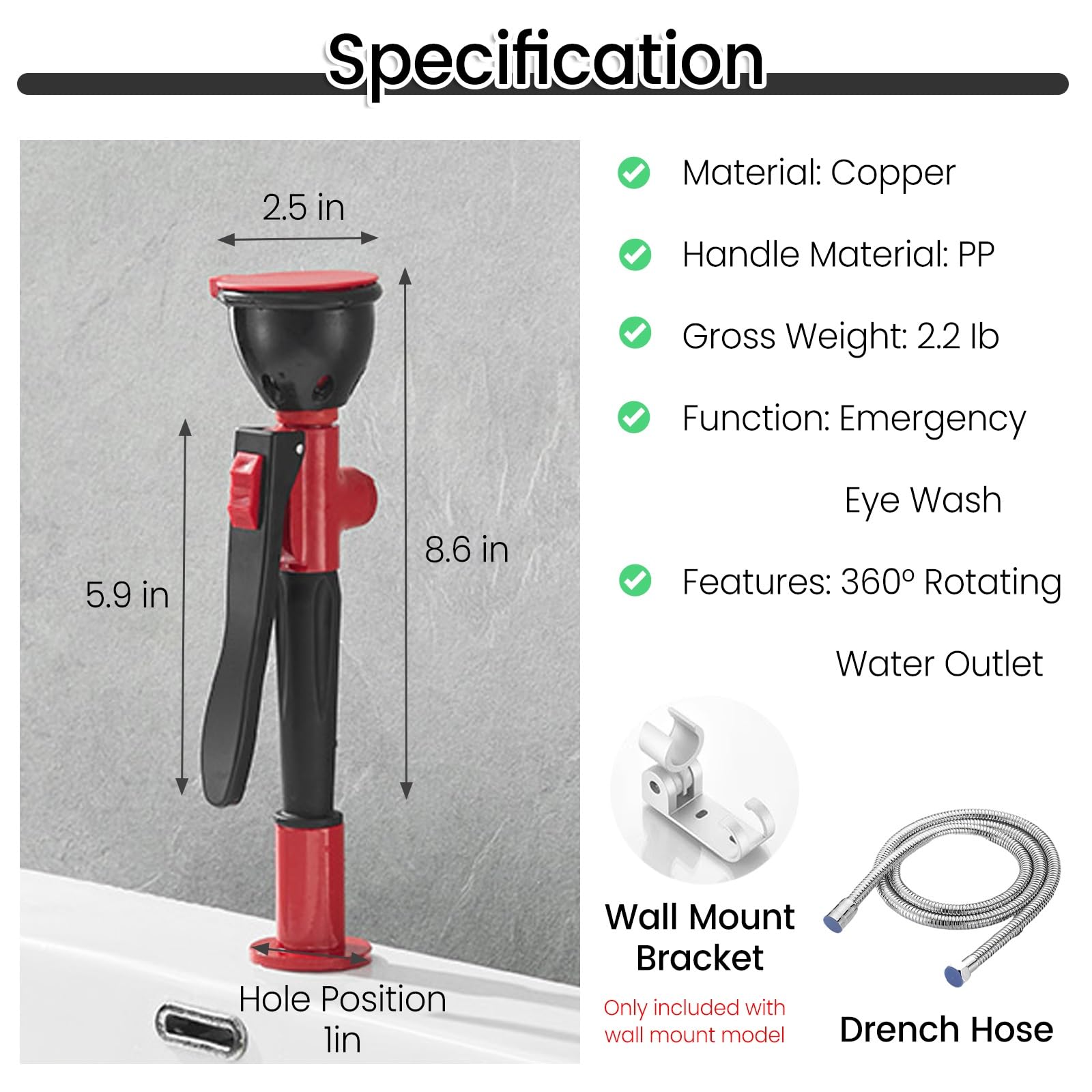 Hand-Augenwaschstation, tragbare Trench-Schlauch-Einheit, Sprüh-Augenspülung für Labor, Industrie, Gegenmontage und Wandmontage, Augenspülstation mit staubdichter Abdeckung