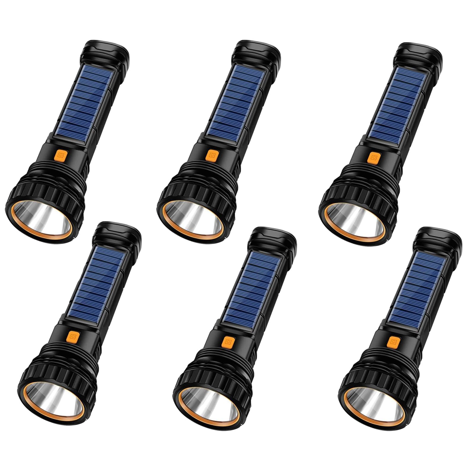 6PCS Solar/Rechargeable Multi Function 1000 Lumens LED Flashlight, with Emergency Strobe Light and 1200 Mah Battery, Emergency Power Supply and USB Charging Cable, Fast Charging