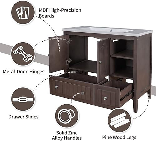 Miniatura 4 de Merax Mueble de baño sin fregadero, solo base, moderno, marco de madera maciza con acabado pintado, armario de almacenamiento con cajón, 36