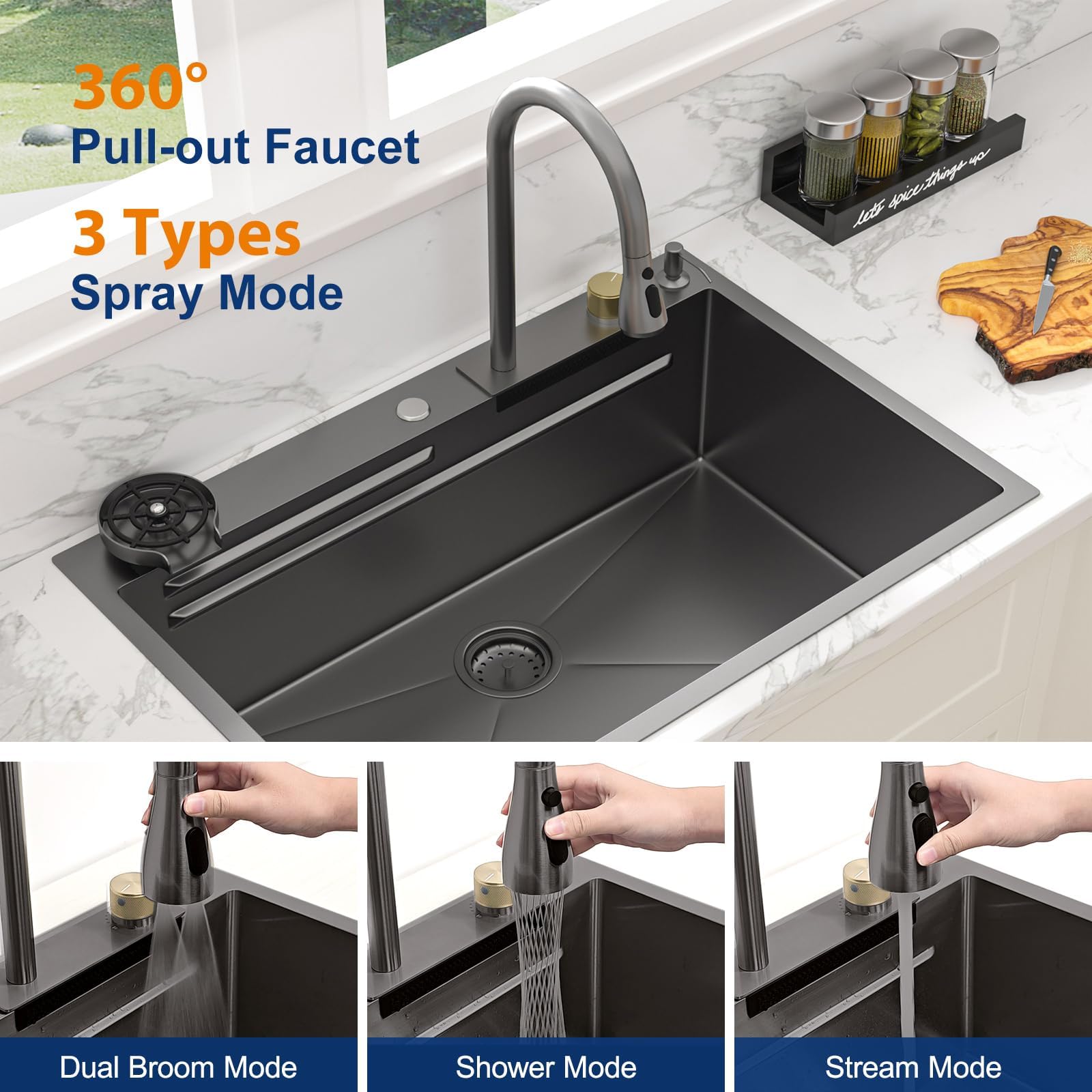 Sarlai 33 Inch Waterfall Kitchen Sink Drop In - Stainless Steel 16 Gauge Workstation Sink With Faucet Combo - View #8