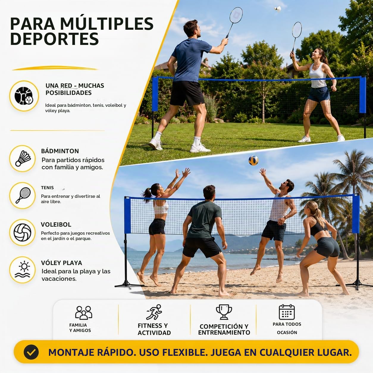Red de bádminton plegable de 3,1 m, con soporte ajustable en altura de 107/105/150 cm y bolsa de transporte, red deportiva para voleibol, tenis, voleibol o playa, red de nailon, fácil de montar y