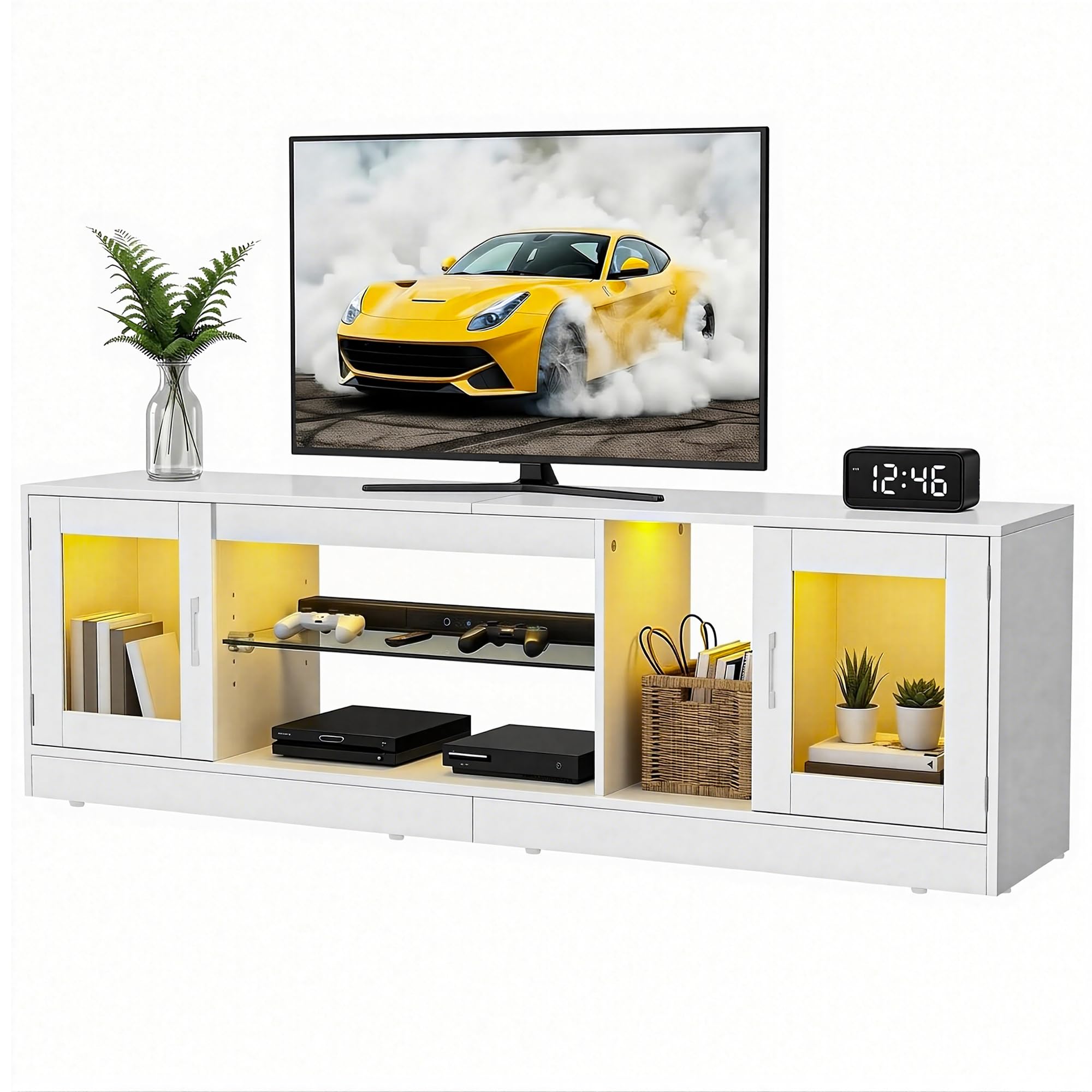 YITAHOME Mueble de TV de 180 cm con 7 LED RGB, mueble bajo para TV con 2 armarios cerrados, 3 estantes abiertos y estante de cristal ajustable, moderno centro de entretenimiento para salón, 180 x 32 x