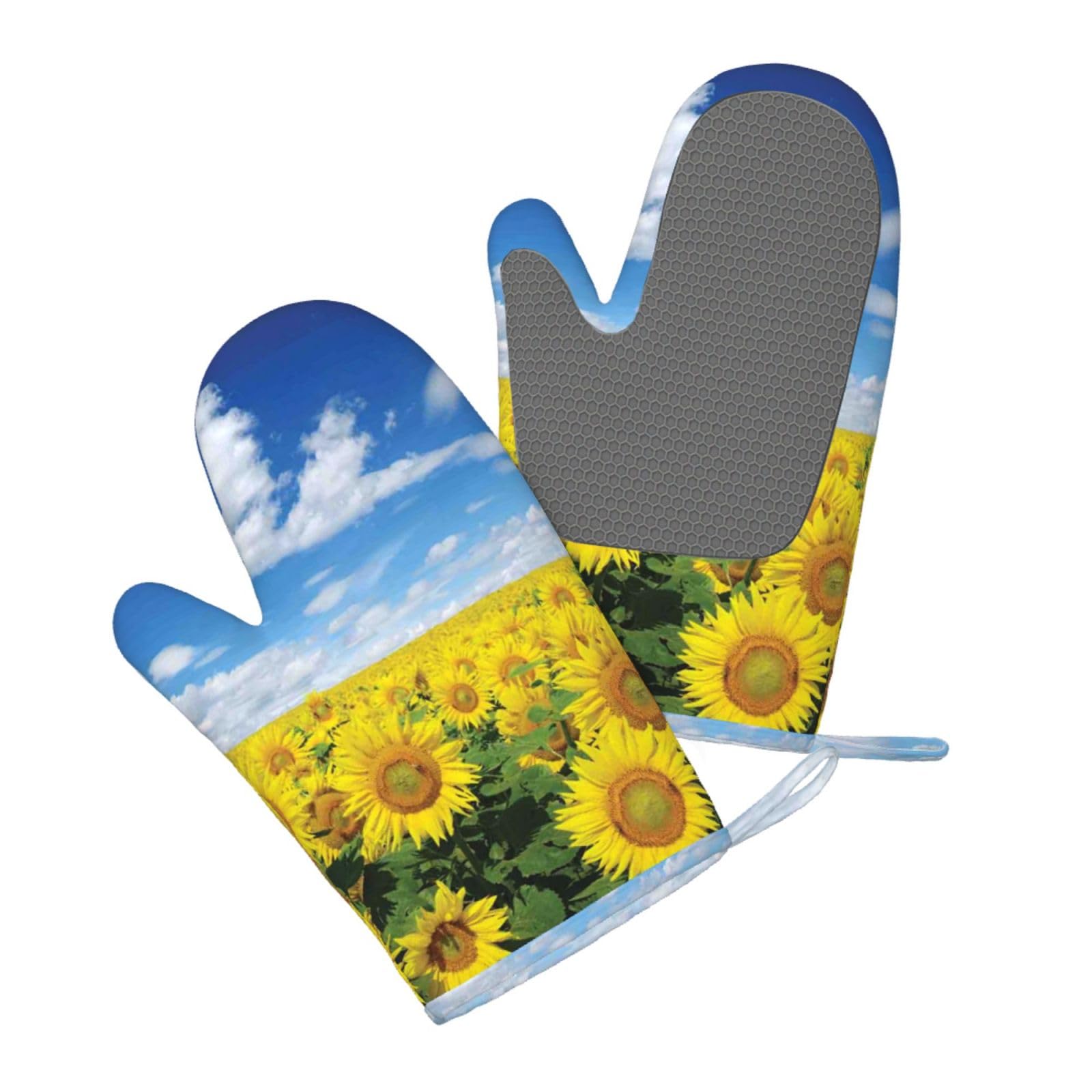 Aqrjlpo Women's Sunflowers Sunset Sunlight Landscape Silicone Oven Mitts Set 2Pcs, Printed Heat Resistant Non-Slip Silicone Oven Gloves For Kitchen Cooking Baking Microwave