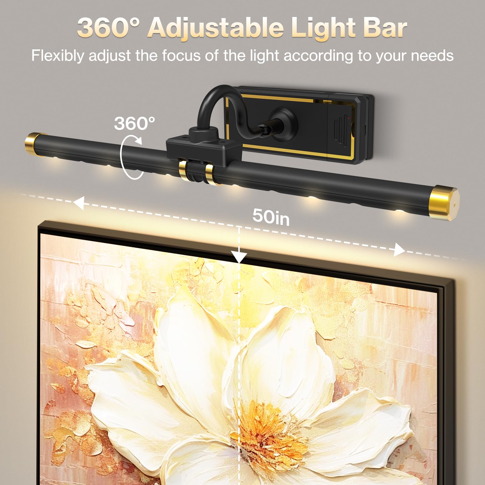 Luce per quadri senza fili con telecomando, applique a LED a batteria staccabile senza fili con timer dimmer, testa di luce ruotabile da 16 pollici per dipingere ritratti artistici