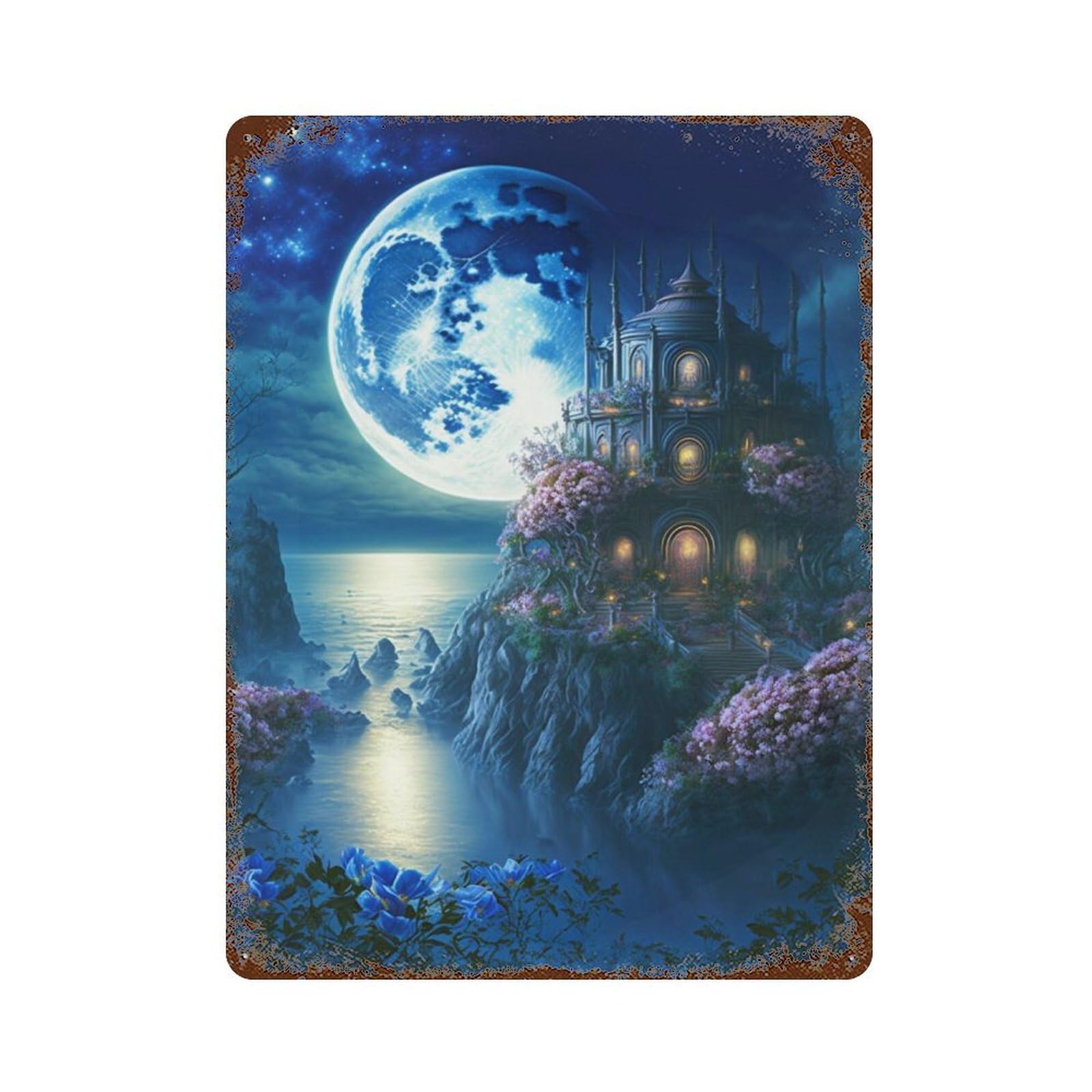 Fantasy Castle Night Scene Decorative Tin Sign 15.7"x11.8", Retro Wall Decor for Garage, Pub Or Kitchen