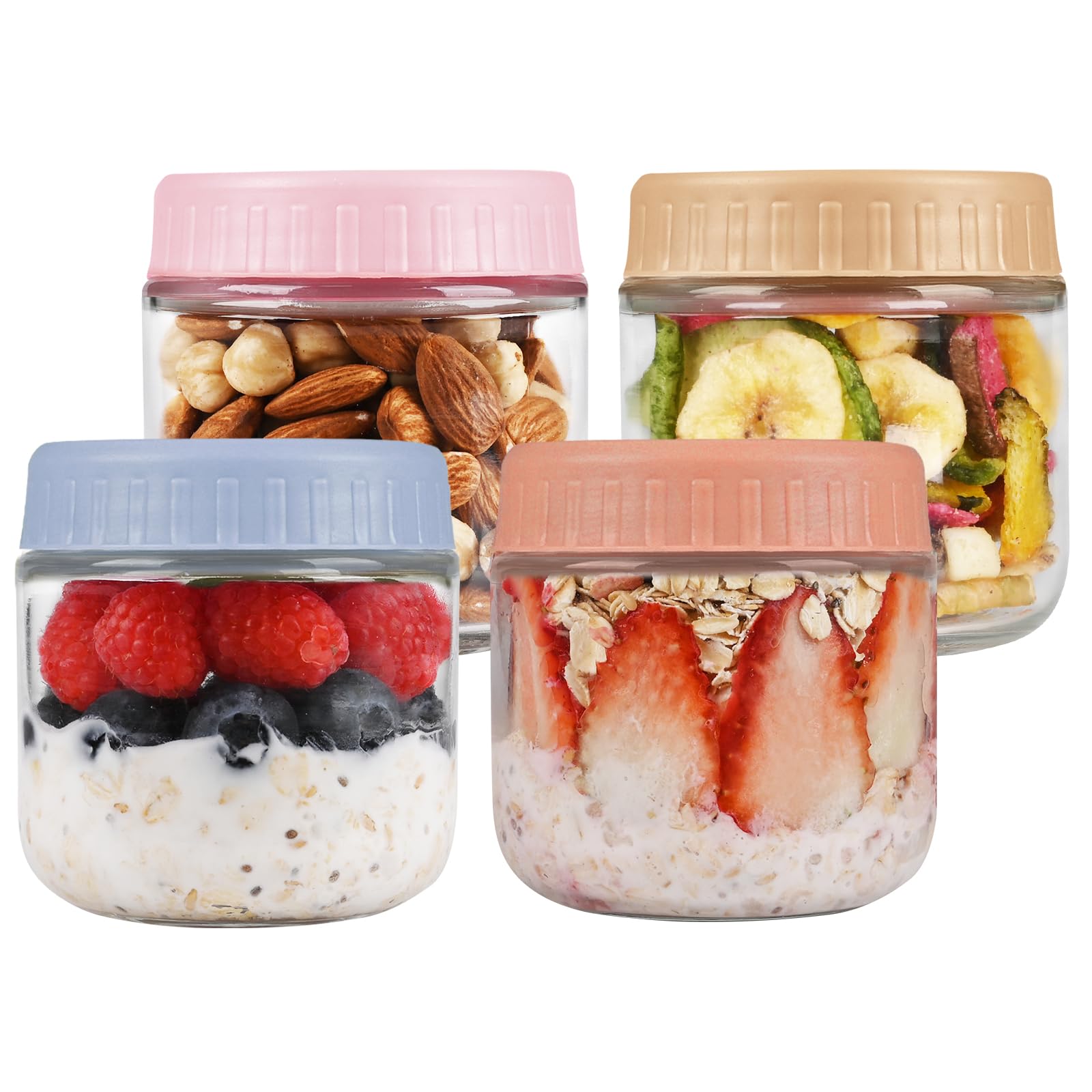 KINLINK Overnight Oats Containers with Lids, 280ml Macaron Color Glass Jars with Lids 4 pcs, Oatmeal Salad Jars for Salad Yogurt Snacks Fruit