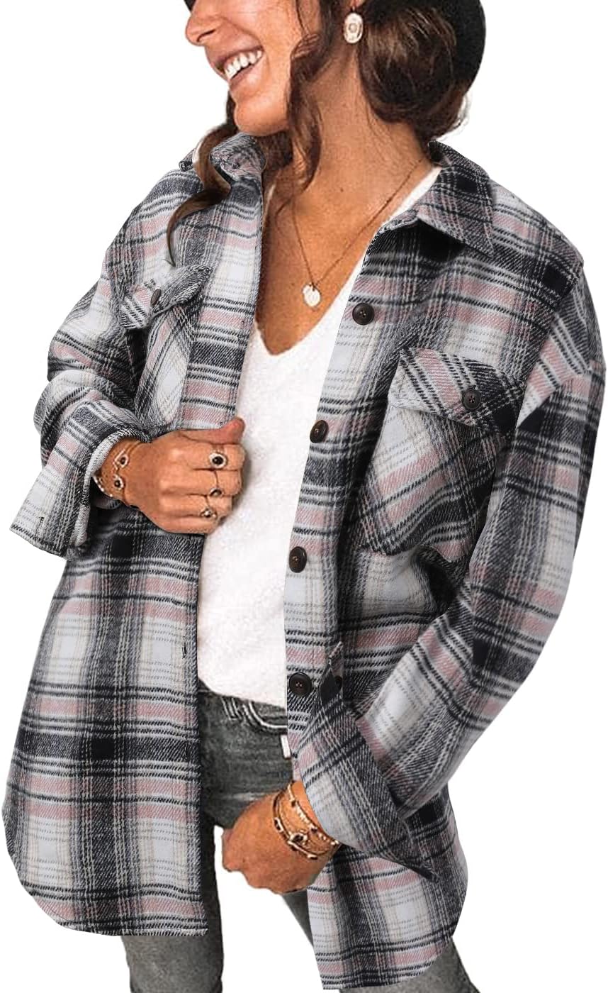 Women's Brushed Plaid Shirts Long Sleeve Flannel Lapel Button Down Cardigan Boyfriend Shacket Jacket Coats