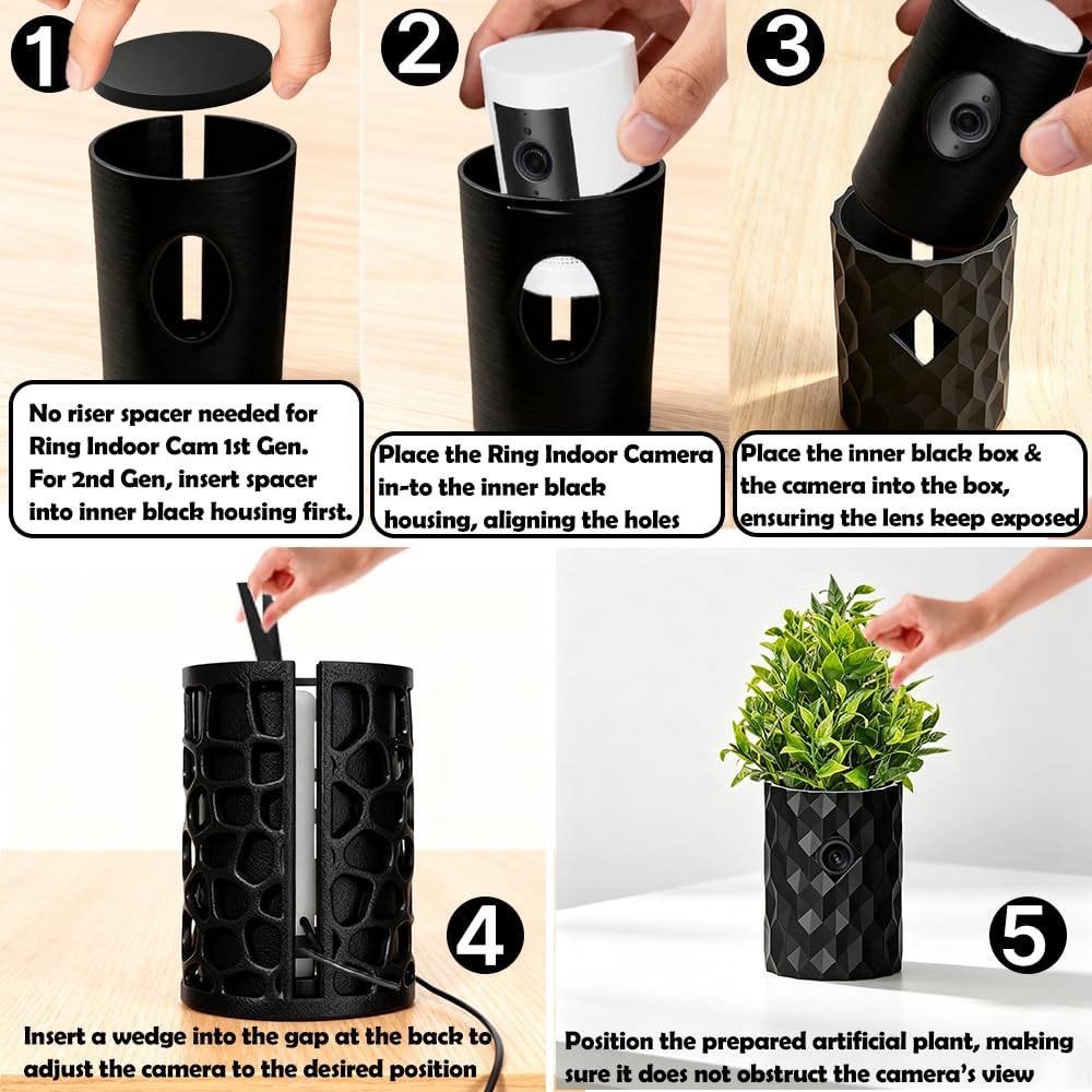 Vase décoratif compatible avec Ring Indoor Cam 1ère et 2ème | Comprend un adaptateur modulaire pour la compatibilité Ring Cam 1ère/2ème génération. Dispose d'un motif géométrique moderne
