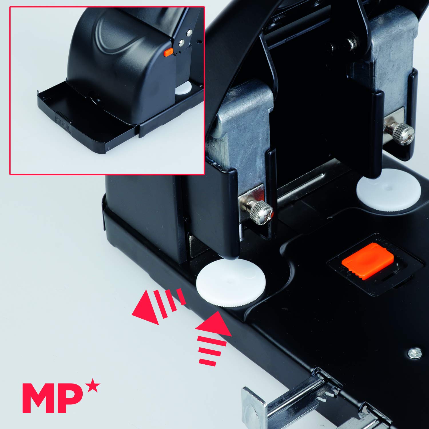 MP - Perforadora Papel 100 Hojas de Gran Capacidad, Taladradora Papel 2 Agujeros Puede Controlar el Tamaño de los Agujeros y Regleta de Tope para Ajustar el Papel, Asa con Cierre