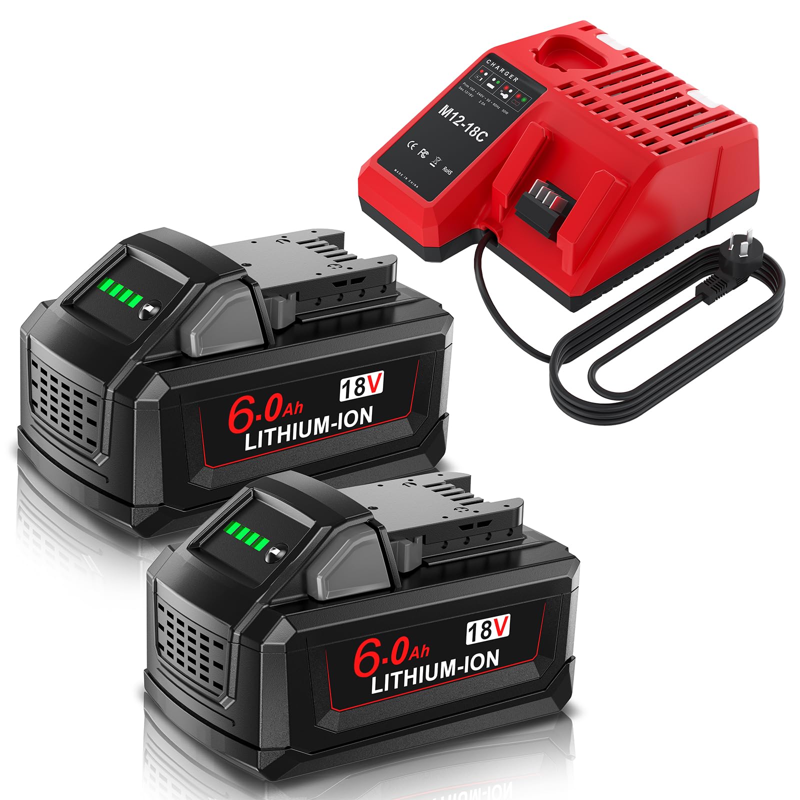 2Packs 6.0Ah M18 Battery + M18 Charger for Milwaukee, Powtree Replacement for Milwaukee 18V Battery 48-11-1810 48-11-1820 48-11-1850 48-11-1828 48-11-1860 Cordless Power Tool with Indicator