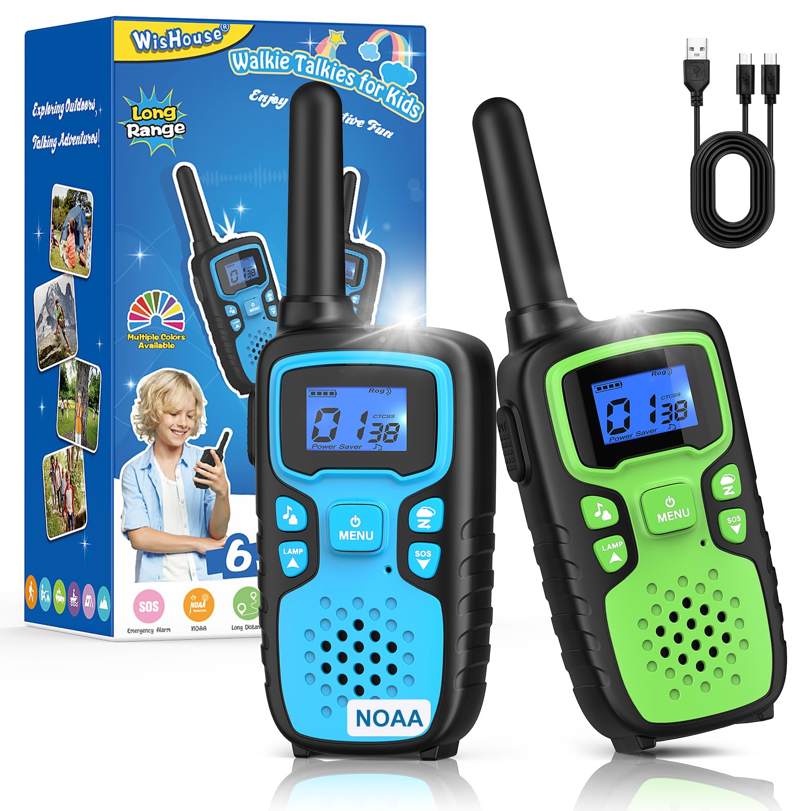 Wishouse Walkie Talkies for Kids Rechargeable Long Range,Xmas Birthday Gift for 4 5 6 7 8 9 Year Old Boys Girls,Hiking Gear Camping Games Cool Toys with NOAA,SOS Siren,Lamp,Lanyards,Easy to Use,2 Pack