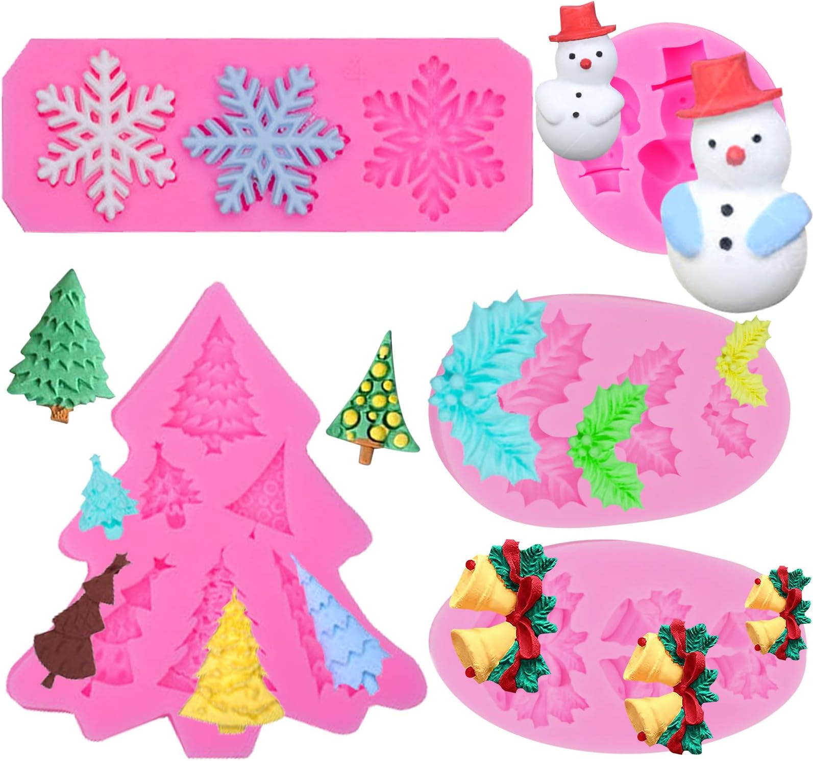 5 Pack Christmas Fondant Silicone Molds for Chocolate, Mini Holly Leaf Xmas Tree Snowflake Bell Snowman Candy Chocolate Silicone Molds for Pastry Polymer Clay,Cupcake Topper, Sugar Craft Cake Decor