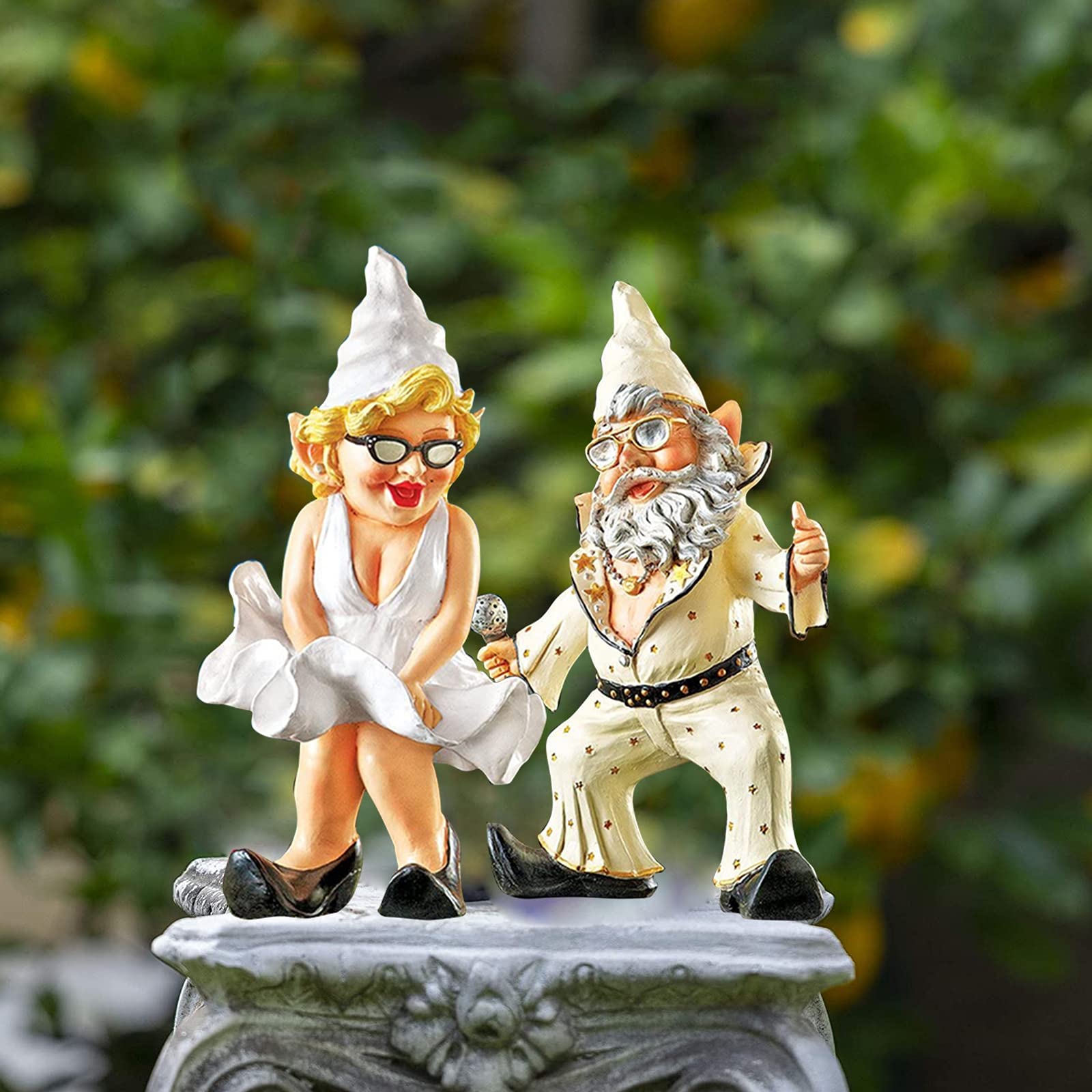 Specjalna statua krasnala ogrodowego, 2-częściowy zestaw rzeźb muzycznego krasnala ogrodowego, miniaturowe bajkowe dekoracje ogrodowe, zabawne figurki z żywicy na zewnątrz na trawnik przydomowy Pati