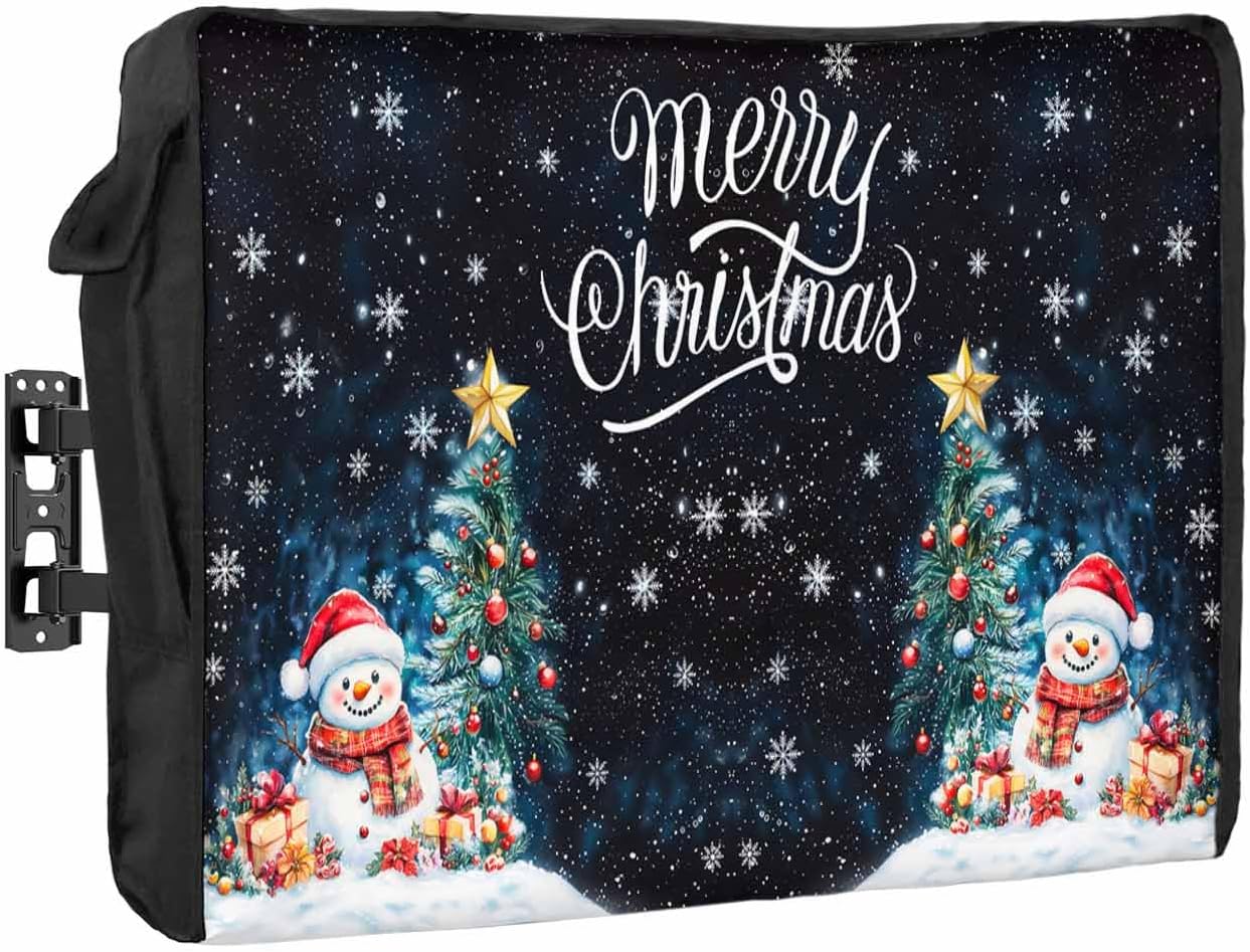 Christmas Snowflake Blue Black Outdoor TV Cover 70"-75" - 600D Waterproof TV Cover Weatherproof TV Screen Protector Dustproof Winter Xmas Tree Snowman TV Display Protector for Outside Flat Screen TV